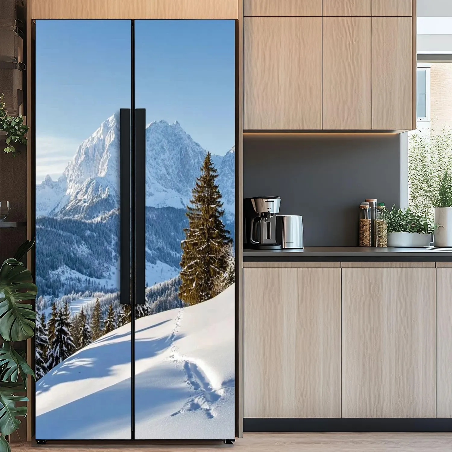 Self Adhesive Vinyl Refrigerator Wrap Beautiful Winter Mountain Landscape Snow Tracks to Alpine hut Door Mural Sticker Peel and Stick Removable Door Cover Fridge Wrap Decal for Kitchen Decor