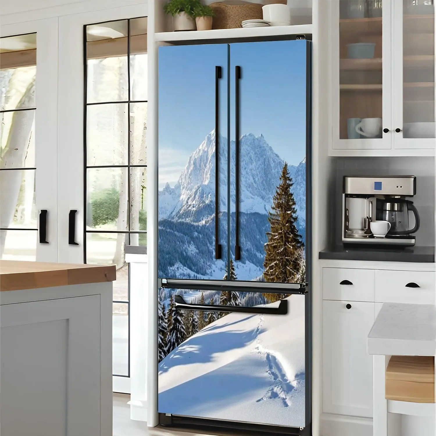 Self Adhesive Vinyl Refrigerator Wrap Beautiful Winter Mountain Landscape Snow Tracks to Alpine hut Door Mural Sticker Peel and Stick Removable Door Cover Fridge Wrap Decal for Kitchen Decor