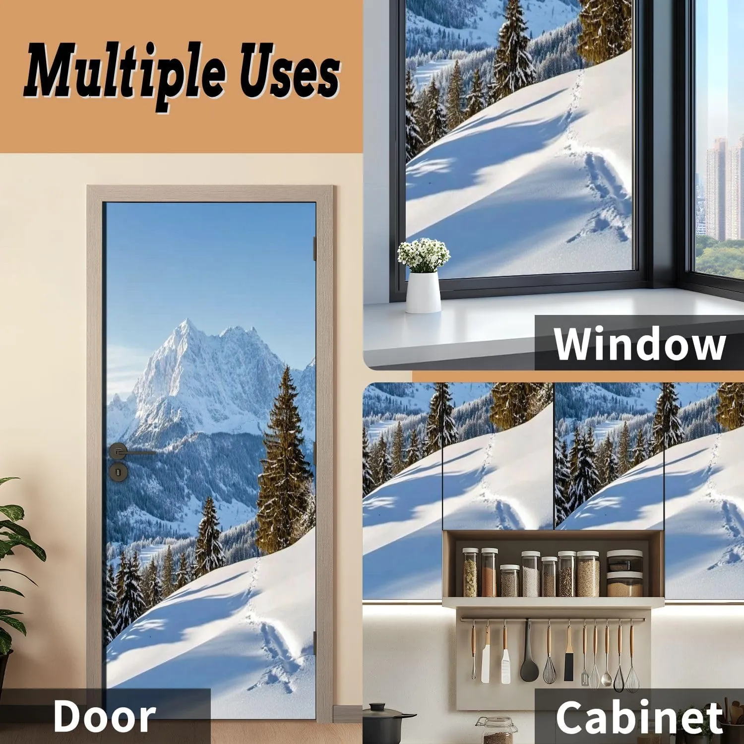 Self Adhesive Vinyl Refrigerator Wrap Beautiful Winter Mountain Landscape Snow Tracks to Alpine hut Door Mural Sticker Peel and Stick Removable Door Cover Fridge Wrap Decal for Kitchen Decor