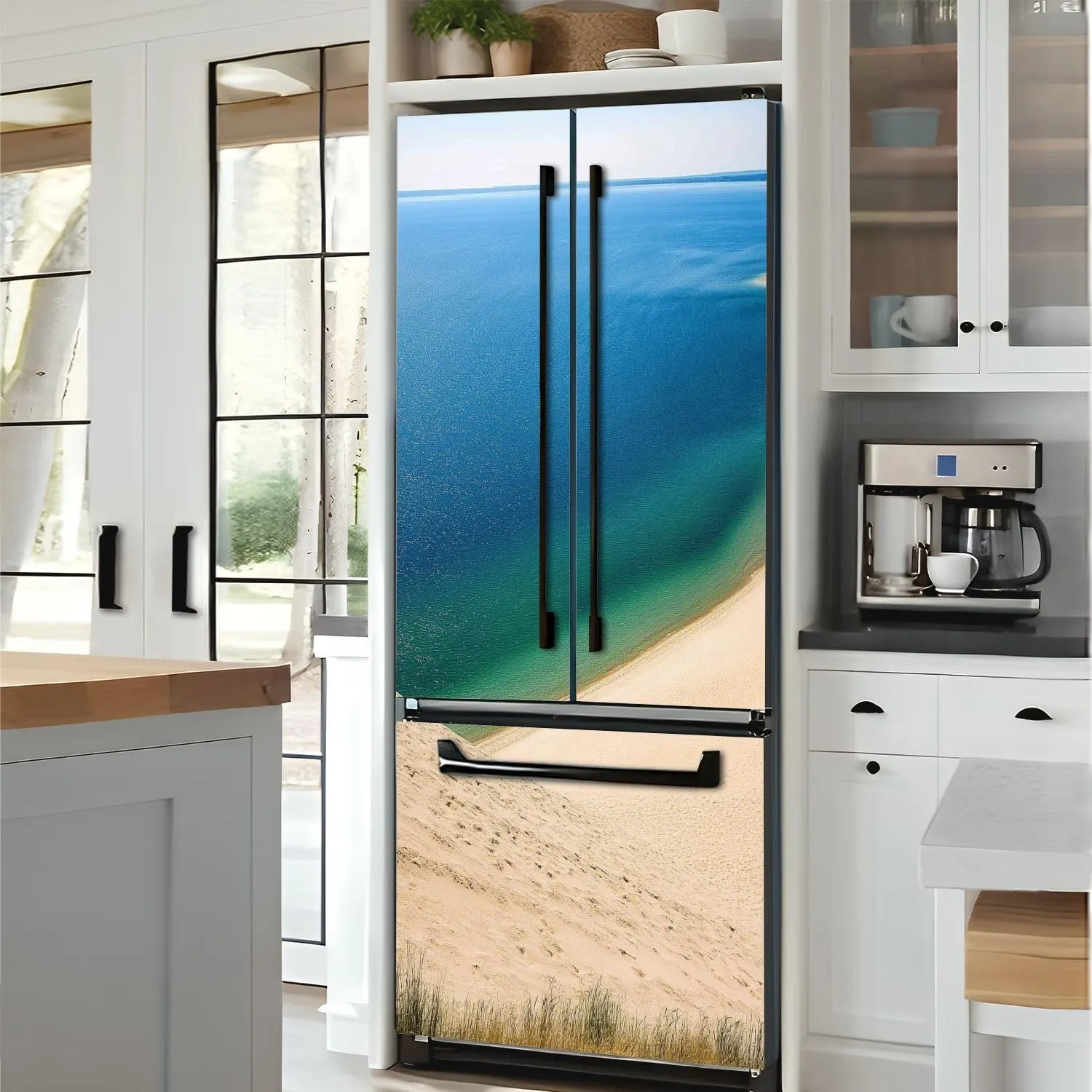Self Adhesive Vinyl Refrigerator Wrap Ocean View to Blue Water Horizon Door Mural Sticker Peel and Stick Removable Door Cover Fridge Wrap Decal for Kitchen Decor