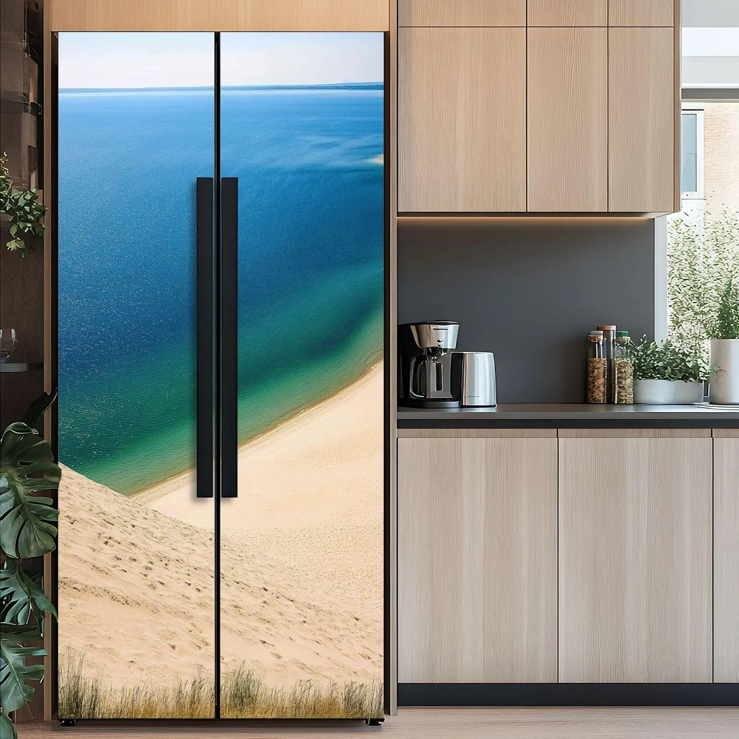Self Adhesive Vinyl Refrigerator Wrap Ocean View to Blue Water Horizon Door Mural Sticker Peel and Stick Removable Door Cover Fridge Wrap Decal for Kitchen Decor