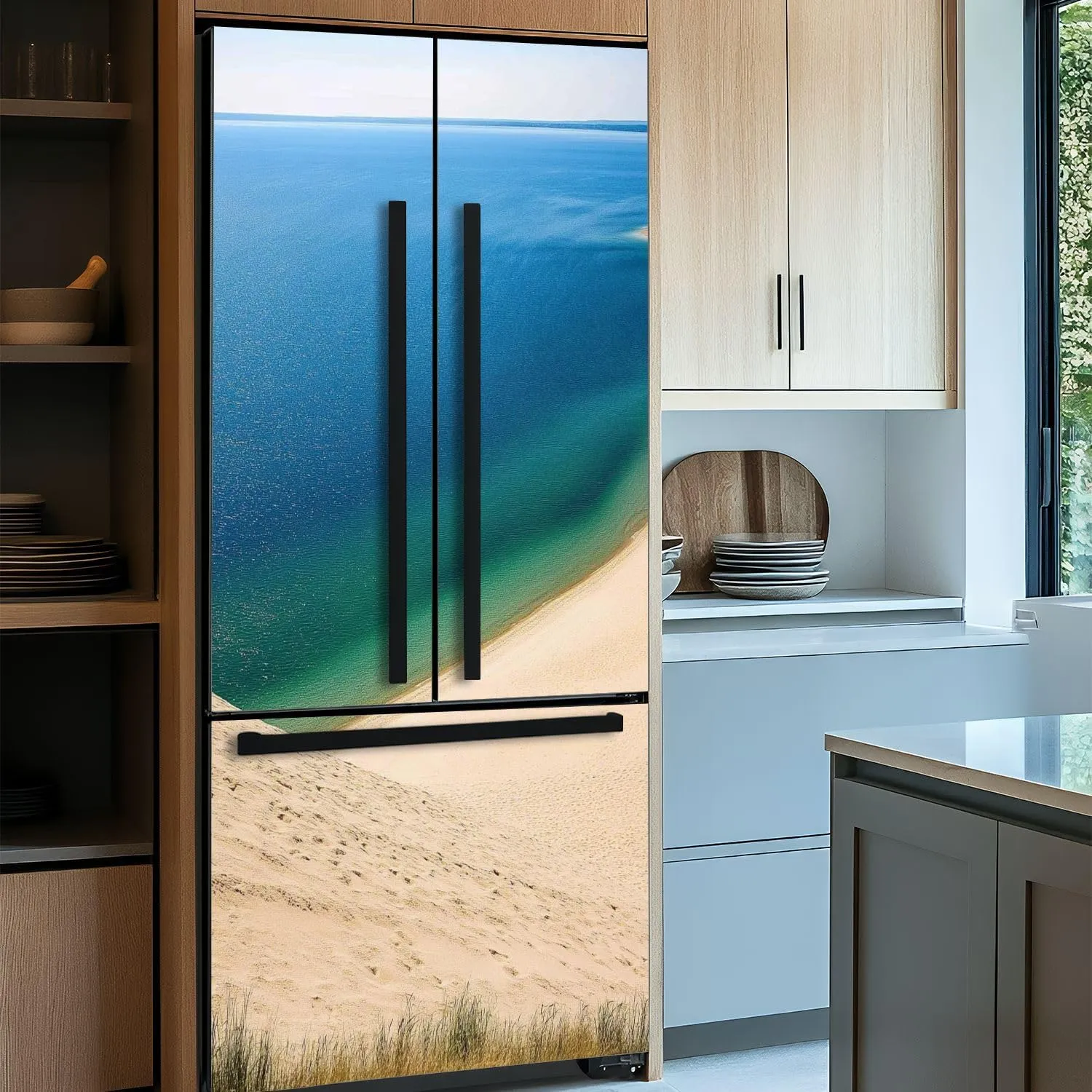 Self Adhesive Vinyl Refrigerator Wrap Ocean View to Blue Water Horizon Door Mural Sticker Peel and Stick Removable Door Cover Fridge Wrap Decal for Kitchen Decor
