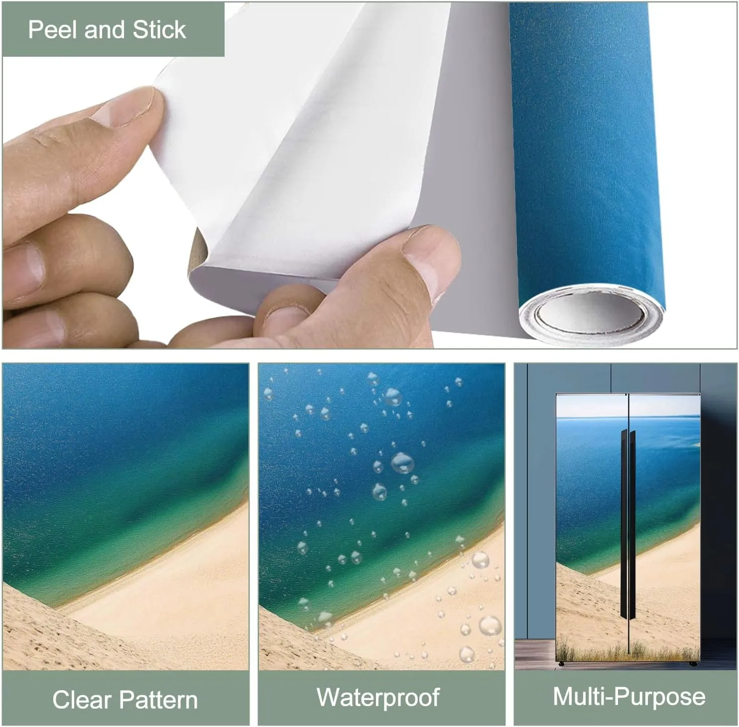 Self Adhesive Vinyl Refrigerator Wrap Ocean View to Blue Water Horizon Door Mural Sticker Peel and Stick Removable Door Cover Fridge Wrap Decal for Kitchen Decor