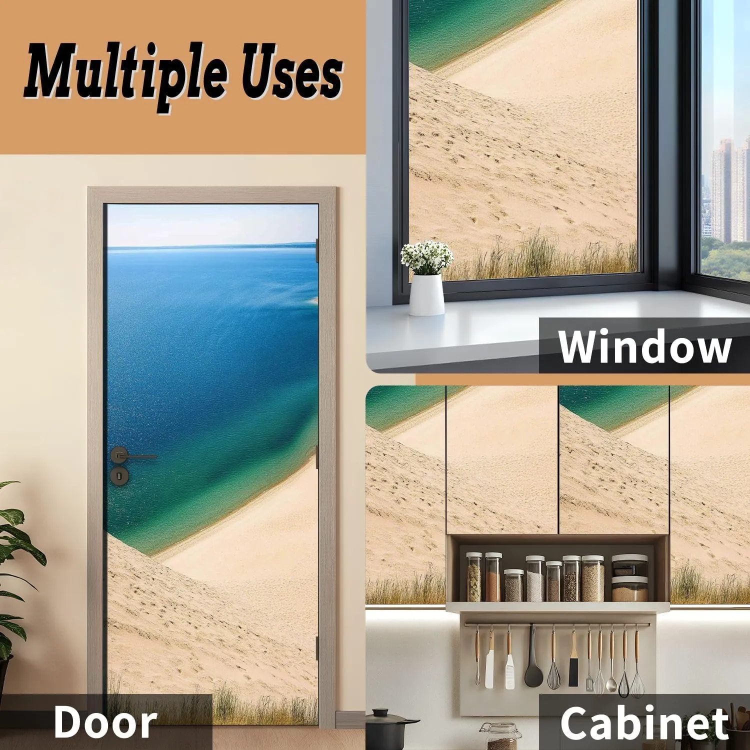 Self Adhesive Vinyl Refrigerator Wrap Ocean View to Blue Water Horizon Door Mural Sticker Peel and Stick Removable Door Cover Fridge Wrap Decal for Kitchen Decor