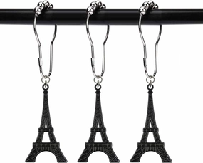 Set of 12 Eiffel Tower Shower Curtain Hooks Parisian Paris France Shabby French Chic Cottage Style Theme Home Shower Curtain Rings Decor Accessories Bathroom Rustproof (Black)