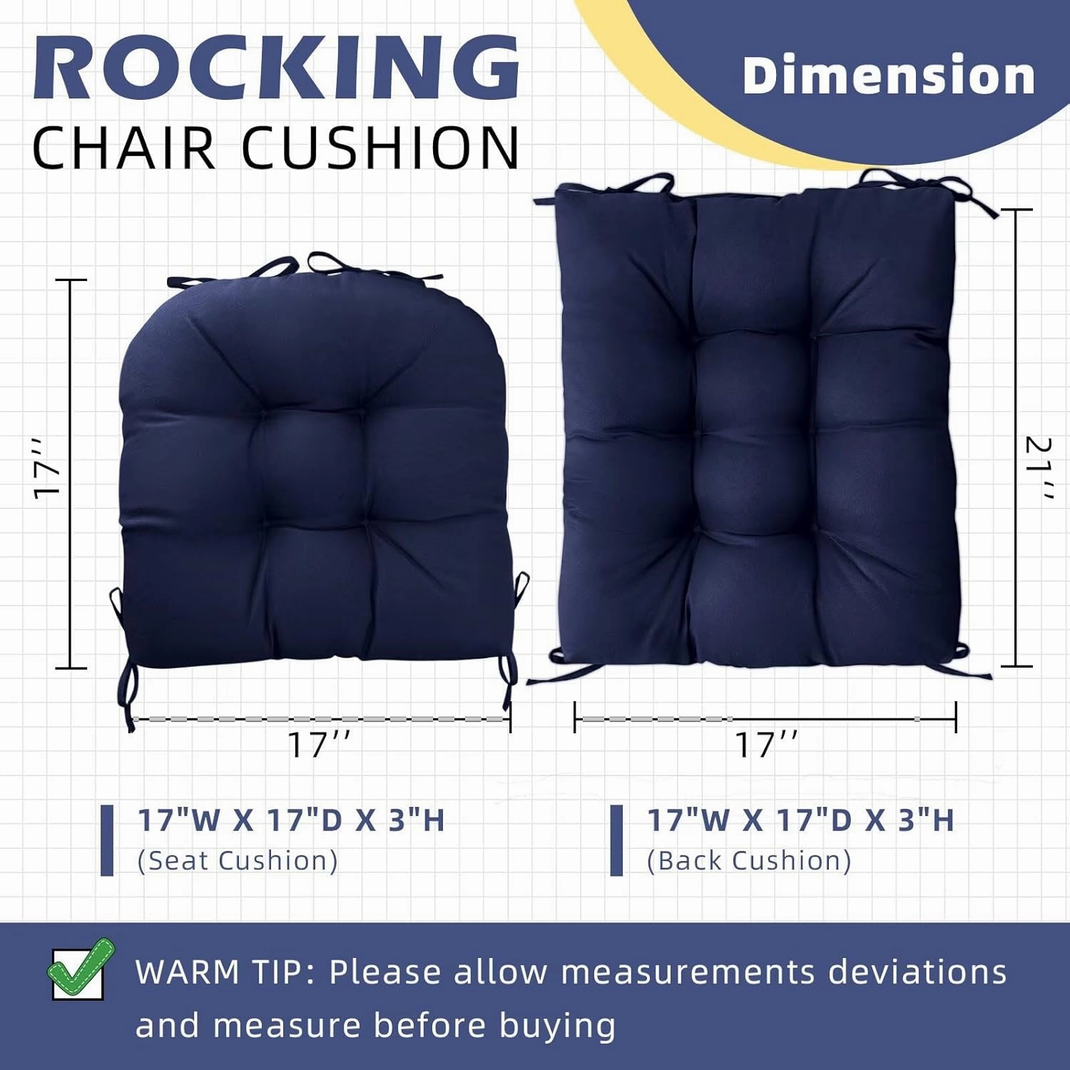 Set of 1 Indoor Outdoor Chair Cushion Waterproof High Back Rocking Chair Cushions Soft Patio Chair Pad for Lounger Recliner Navy Blue