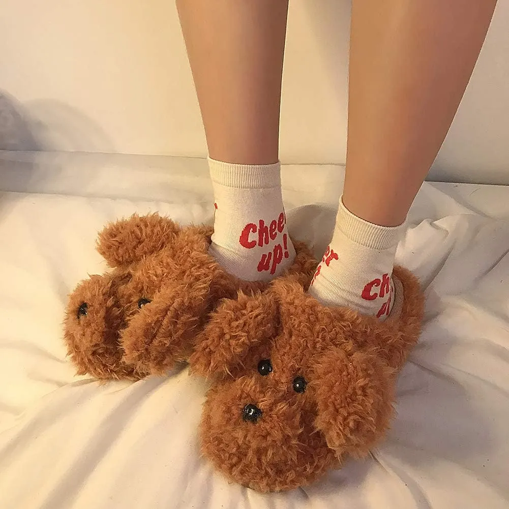 SGVAHY Slippers for Women Fuzzy Cute Slippers Indoor and Outdoor Slippers Teddy Dog Non-Slip Sole Cool Funny House Shoes Washable Slippers for Girls Teens Spring Autumn Winter (Teddy White, 7-8)