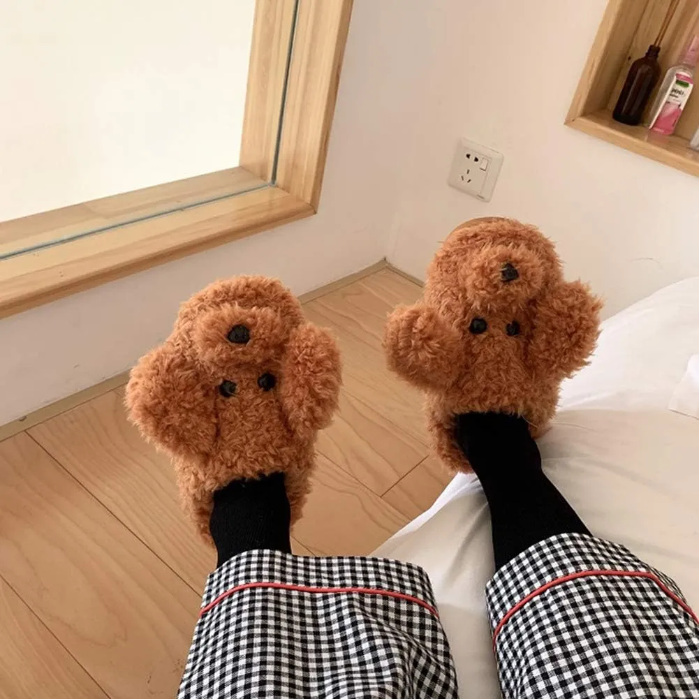 SGVAHY Slippers for Women Fuzzy Cute Slippers Indoor and Outdoor Slippers Teddy Dog Non-Slip Sole Cool Funny House Shoes Washable Slippers for Girls Teens Spring Autumn Winter (Teddy White, 7-8)