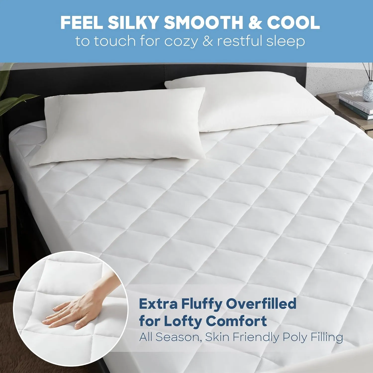 Sharper Image Queen Mattress Pad, Overfilled, Jersey Knit Ultra-Soft & Cooling Touch Mattress Topper Fitted Pocket Fits Up to 18" Queen Size Bed, White