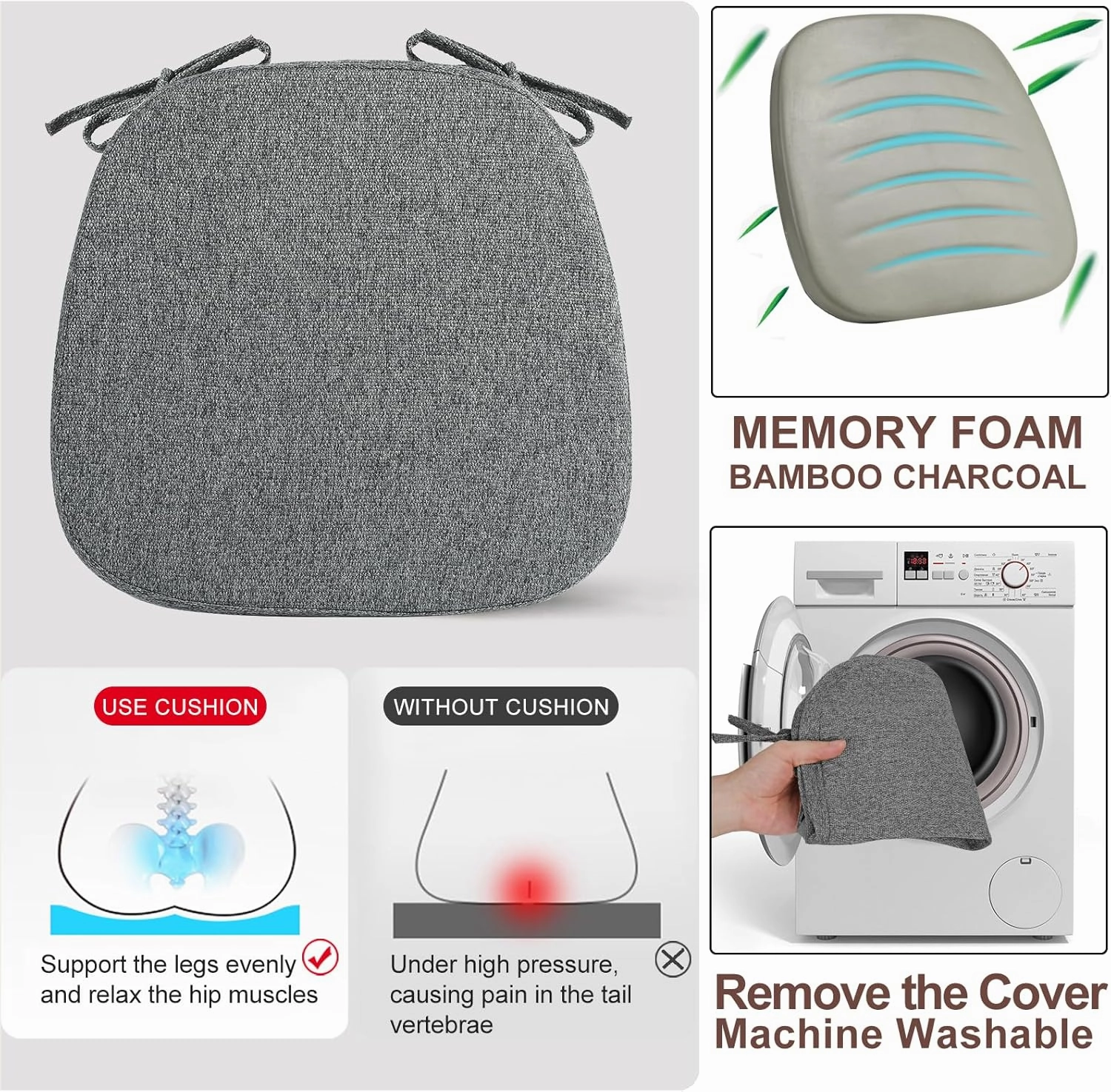 SINOSSO 1 Pack Memory Foam Chair Cushions for Dining Chair, Friendly Woven Fabric 16" U-Shape Comfortable Kitchen Chair Pad, Removable Slip Resistant Seat Cushion (1 Piece, Dark Grey)