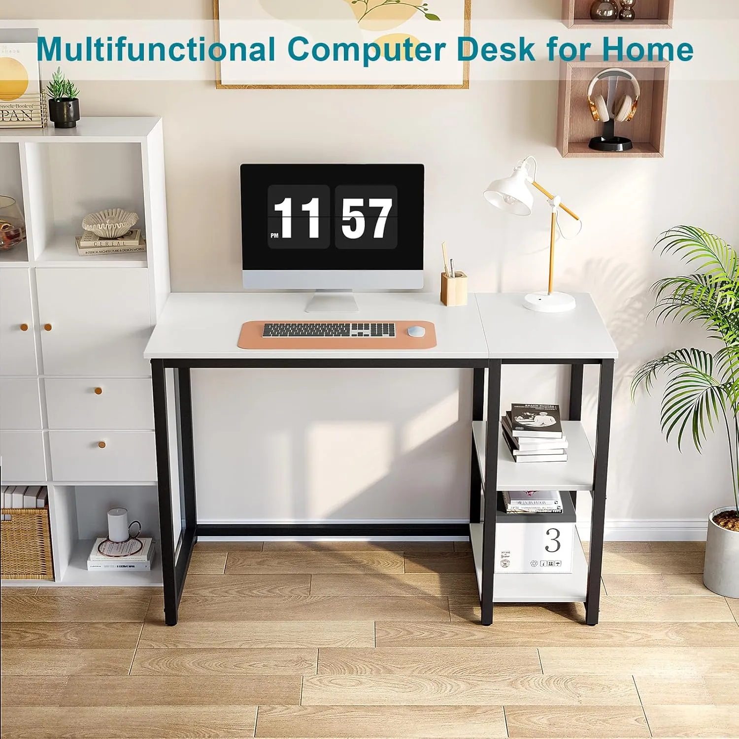 SINPAID Computer Desk 40 inches with 2-Tier Shelves Sturdy Home Office Desks with Large Storage Space Modern Gaming Desk Study Writing Laptop Table, White Desk