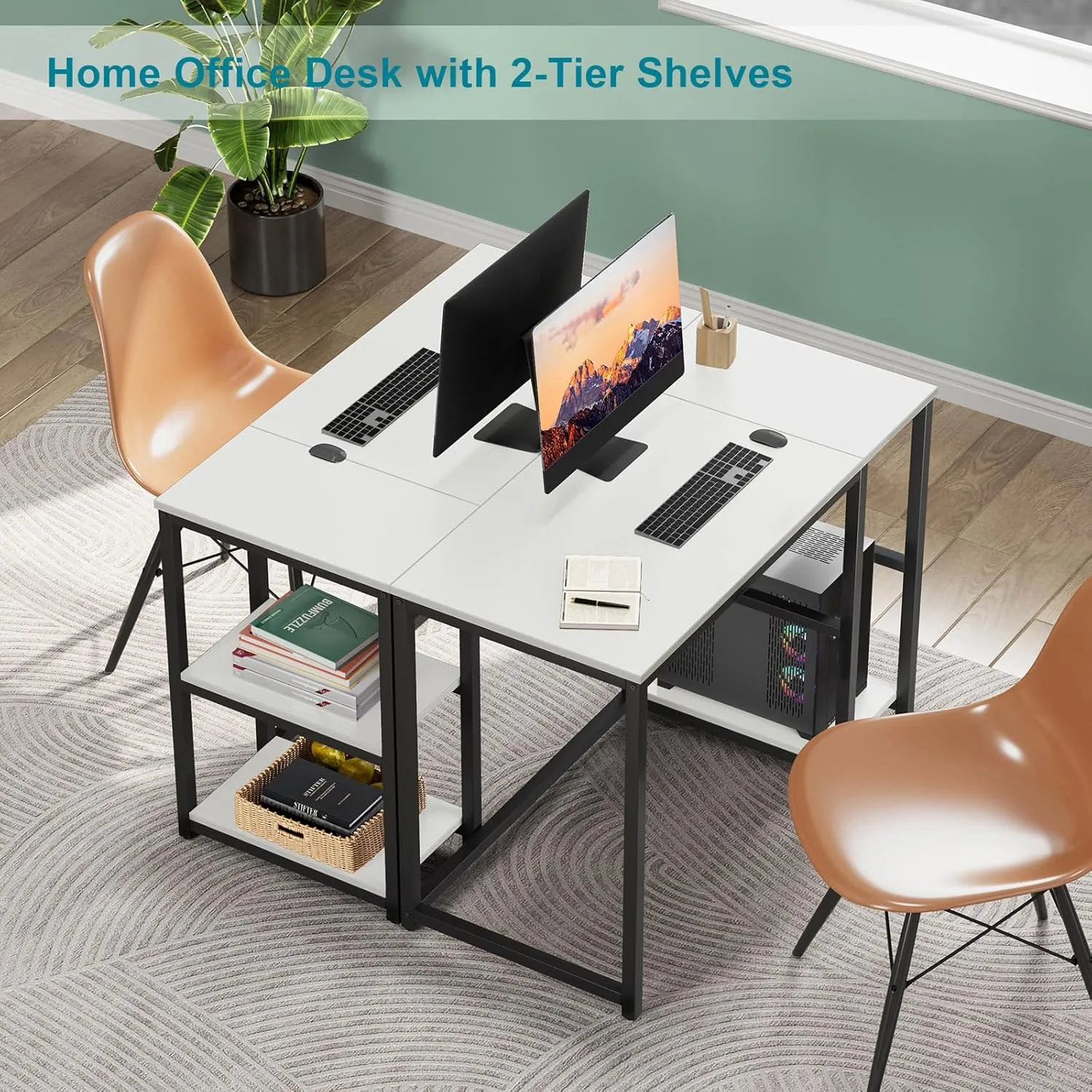 SINPAID Computer Desk 40 inches with 2-Tier Shelves Sturdy Home Office Desks with Large Storage Space Modern Gaming Desk Study Writing Laptop Table, White Desk