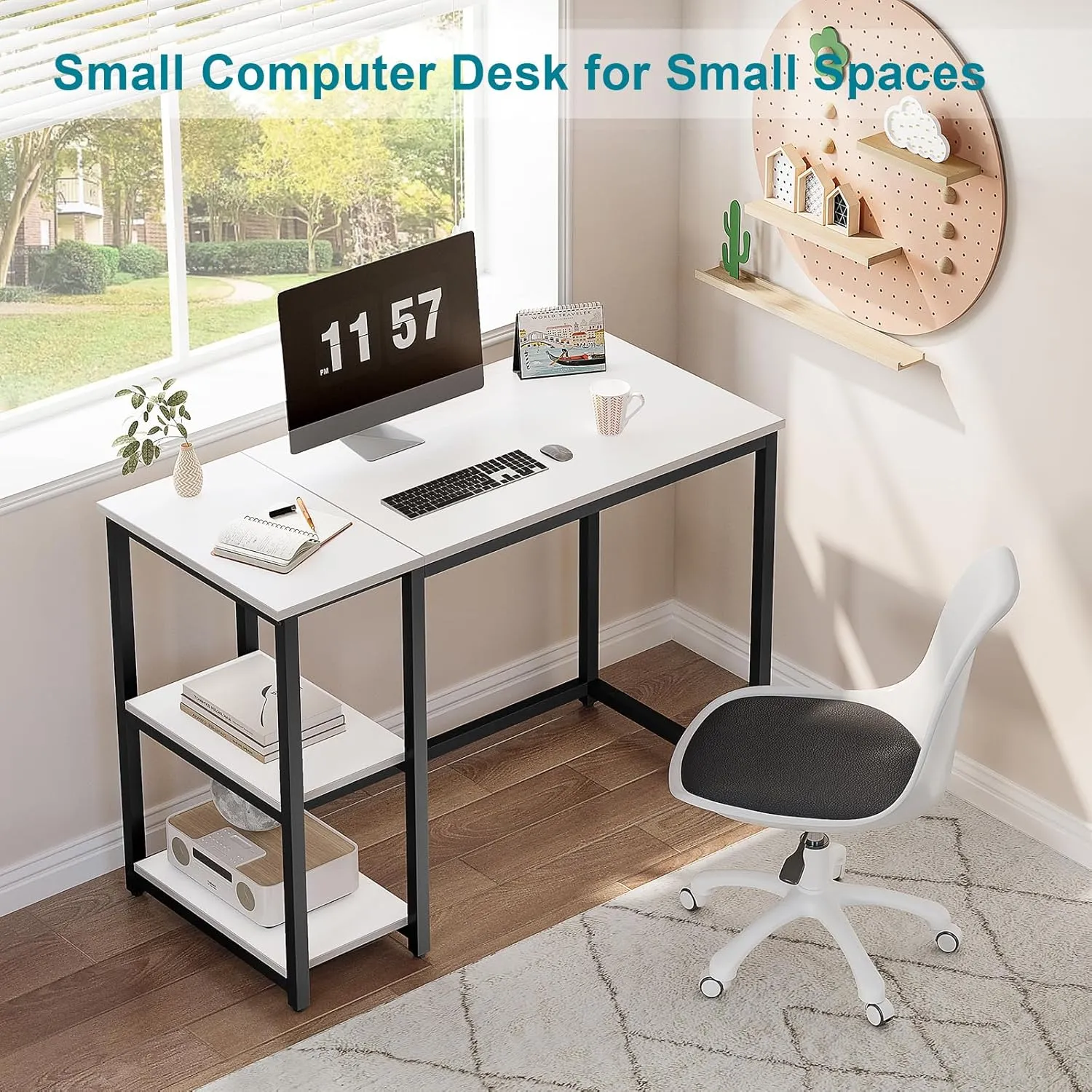 SINPAID Computer Desk 40 inches with 2-Tier Shelves Sturdy Home Office Desks with Large Storage Space Modern Gaming Desk Study Writing Laptop Table, White Desk