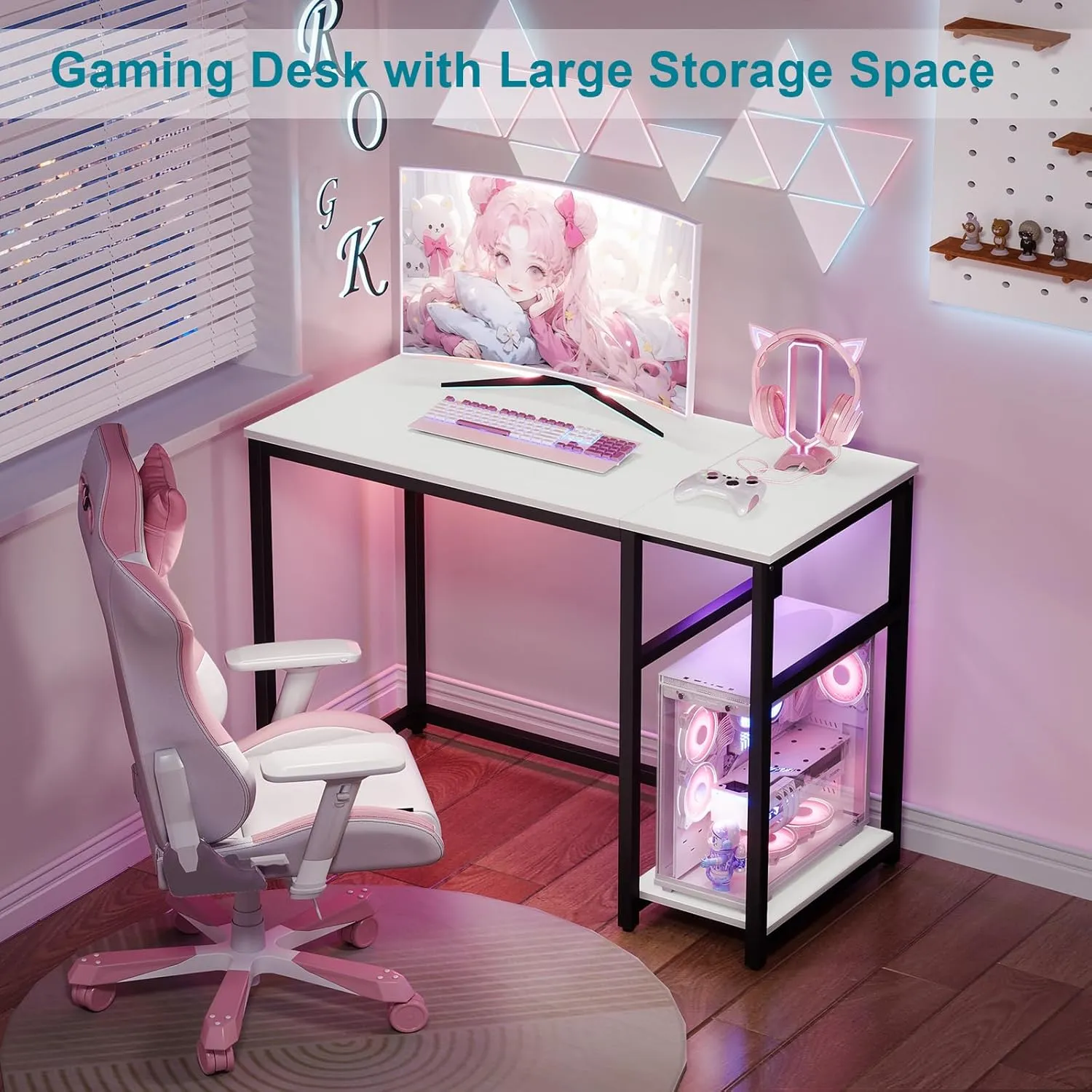 SINPAID Computer Desk 40 inches with 2-Tier Shelves Sturdy Home Office Desks with Large Storage Space Modern Gaming Desk Study Writing Laptop Table, White Desk