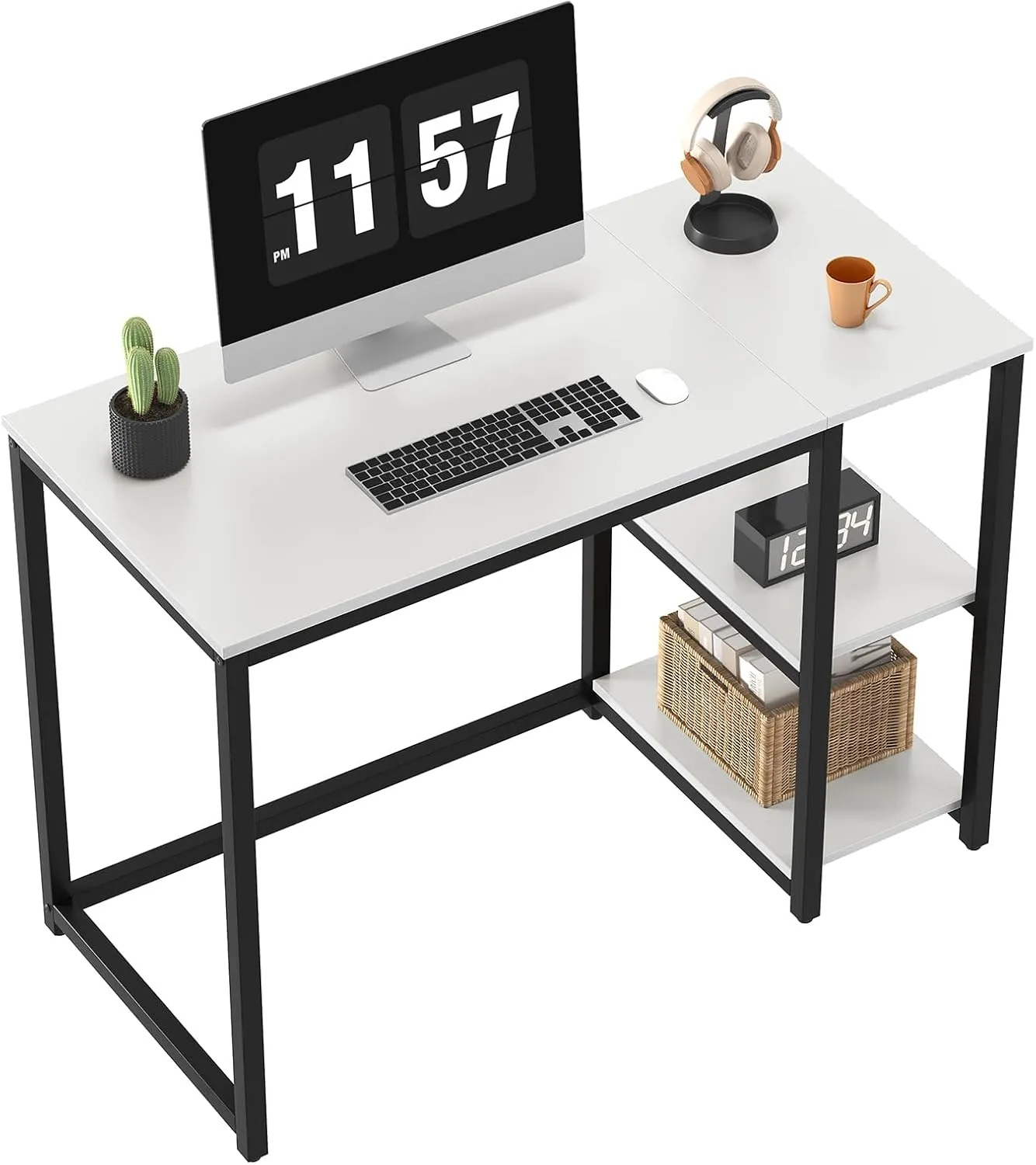 SINPAID Computer Desk 40 inches with 2-Tier Shelves Sturdy Home Office Desks with Large Storage Space Modern Gaming Desk Study Writing Laptop Table, White Desk