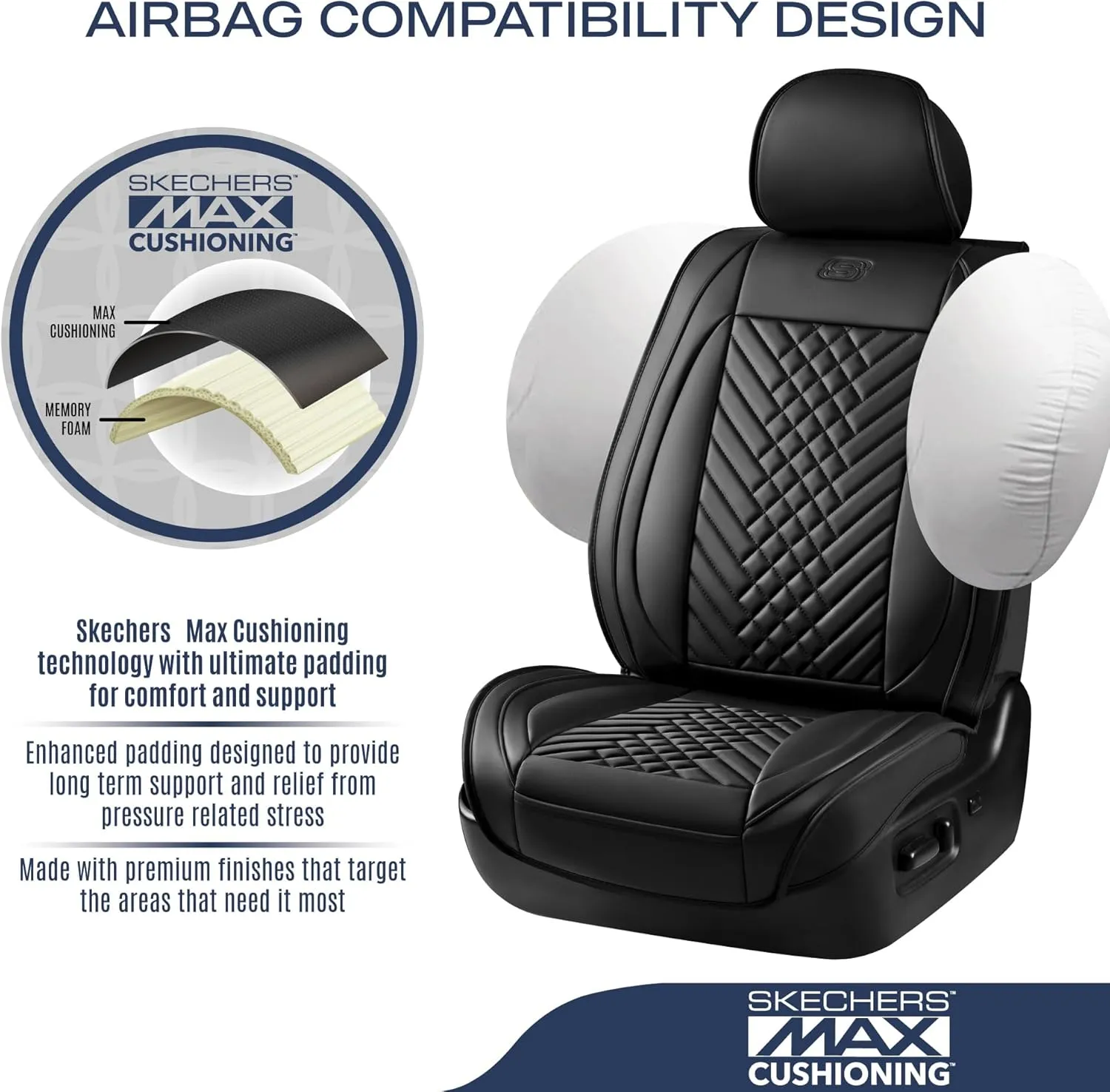 Skechers Car Seat Covers,MAX Cushioning Memory Foam Piping Leather Seat Covers,Waterproof Car Seat Protector Front Seats,Car Seat Cushion Airbag Universal Fit for Most Cars,Vans,Trucks,SUV,Black