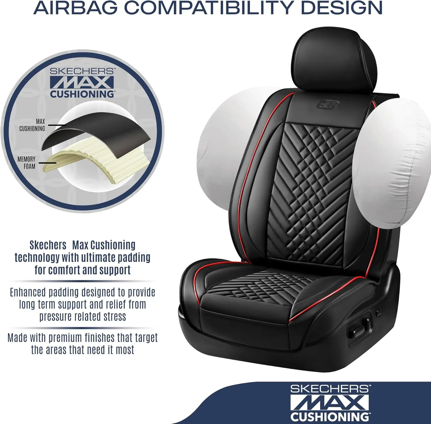 Skechers MAX Cushioning Car Seat Covers,Memory Foam Piping Leather Seat Covers,Waterproof Car Seat Protector Full Set,Car Seat Cushion Airbag Universal Fit for Most Cars,Vans,Trucks,SUV,Red