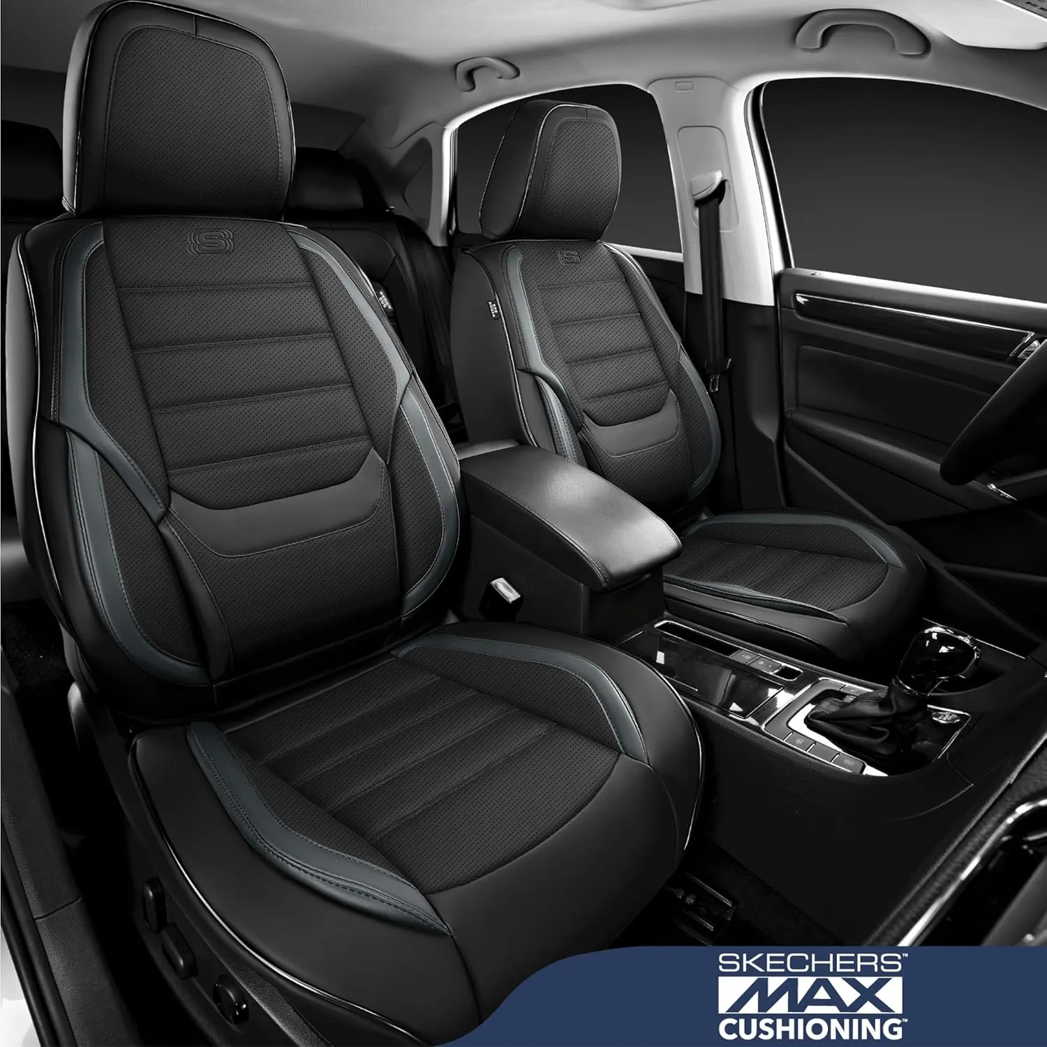 Skechers MAX Cushioning Seat Covers,Memory Foam Leather Car Seat Covers,Waterproof Car Seat Protector Front Seats,Car Seat Cushion Airbag Automotive Universal Fit for Most Cars,Vans,Trucks,SUV,Grey