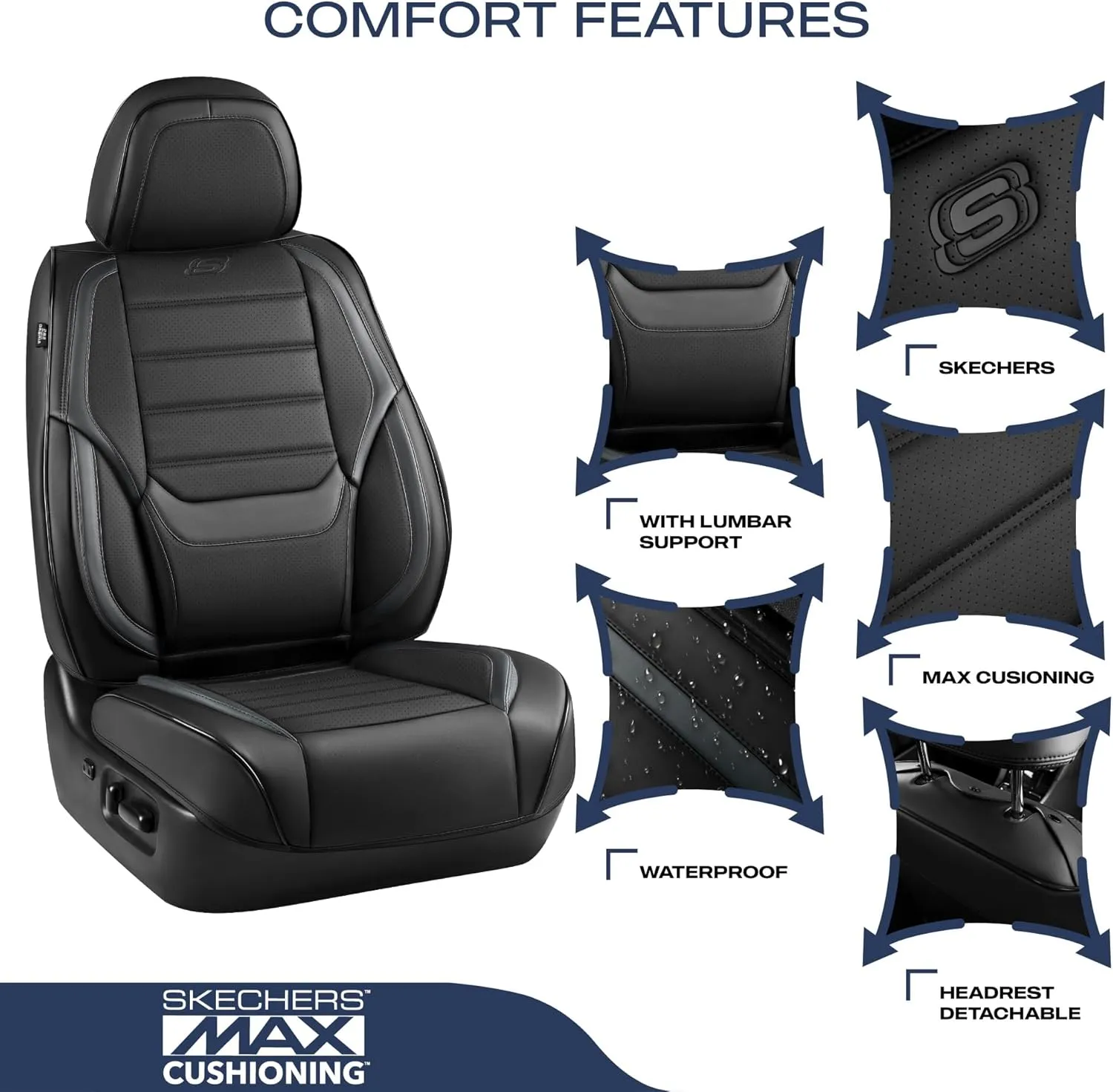 Skechers MAX Cushioning Seat Covers,Memory Foam Leather Car Seat Covers,Waterproof Car Seat Protector Front Seats,Car Seat Cushion Airbag Automotive Universal Fit for Most Cars,Vans,Trucks,SUV,Grey