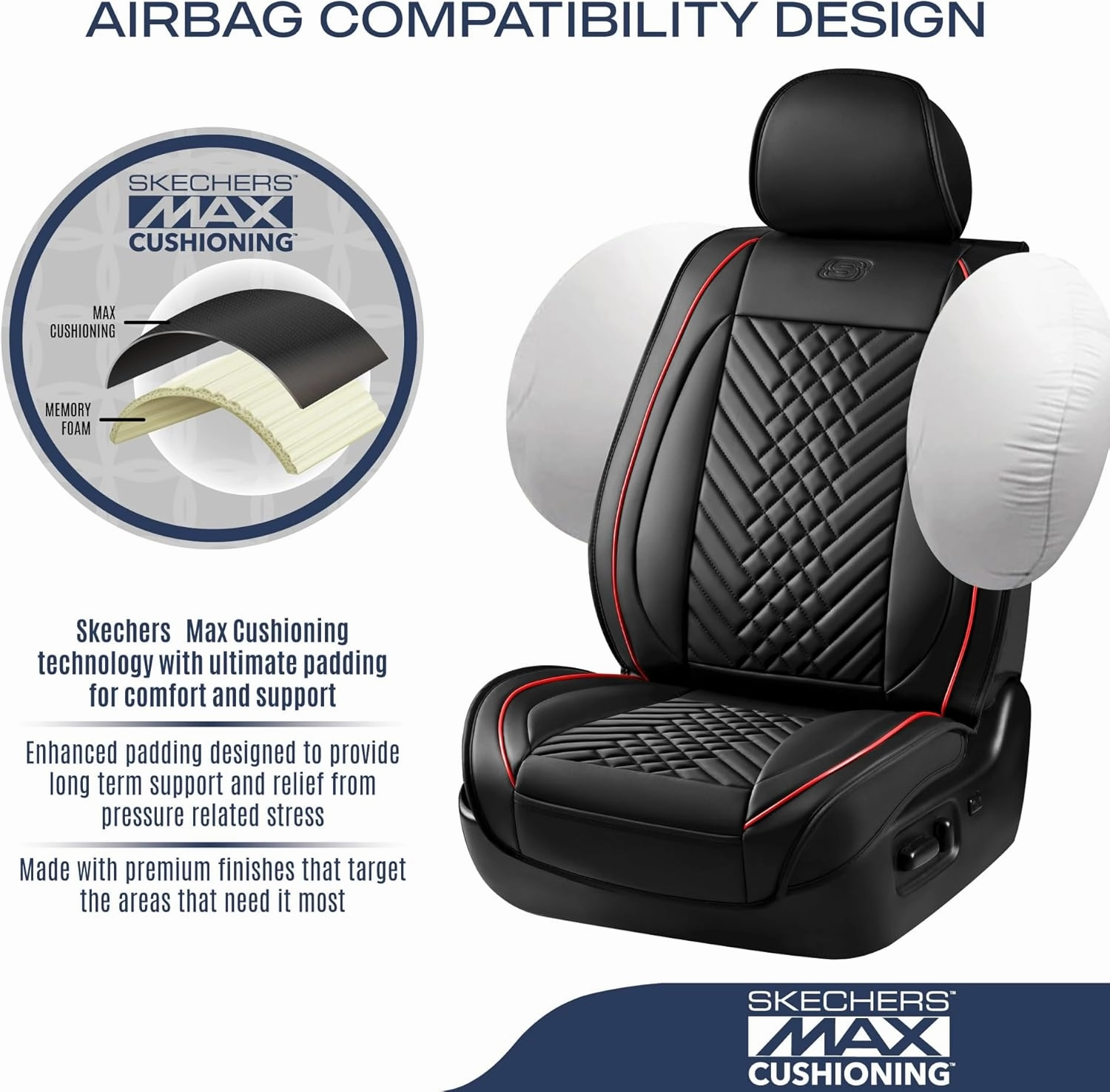 Skechers MAX Cushioning Car Seat Covers,Memory Foam Piping Leather Seat Covers,Waterproof Car Seat Protector Front Seats,Car Seat Cushion Airbag Universal Fit for Most Cars,Vans,Trucks,SUV,Red