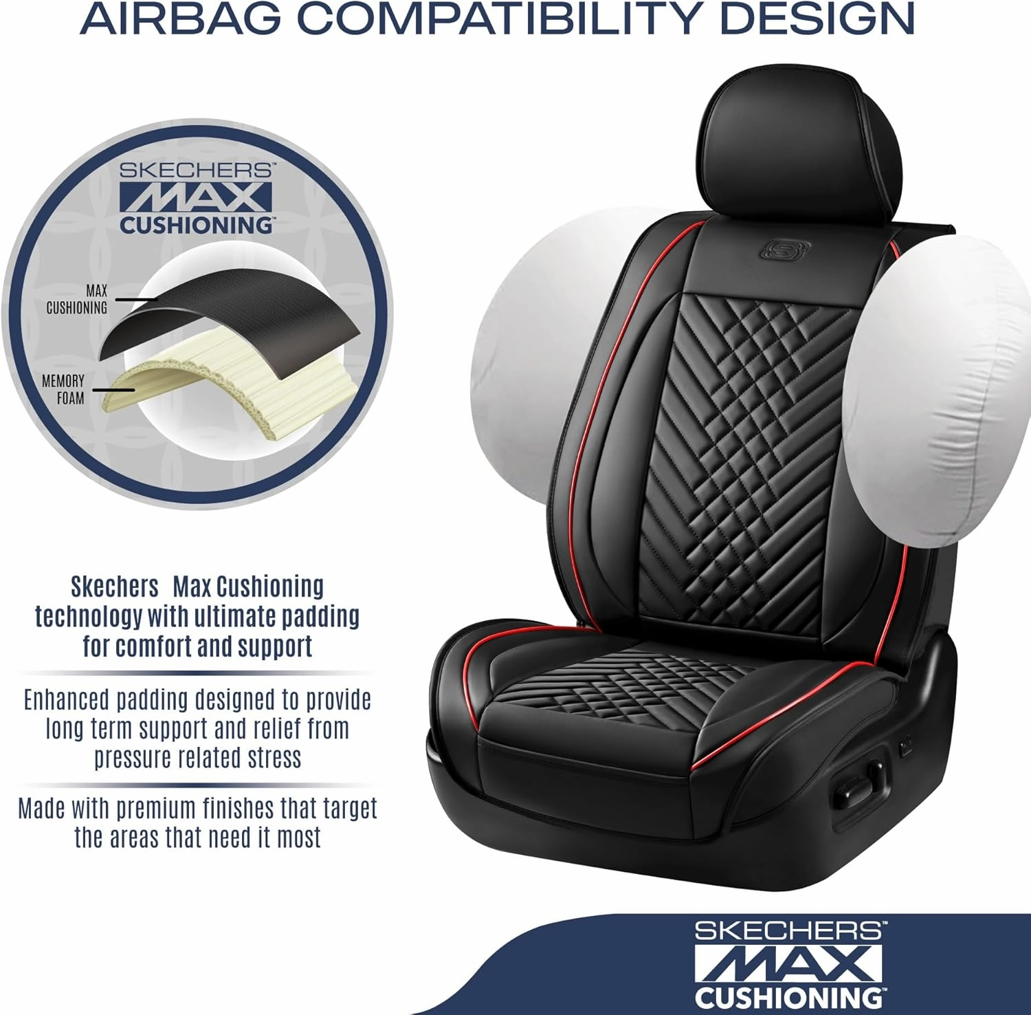 Skechers MAX Cushioning Car Seat Covers,Memory Foam Piping Leather Seat Covers,Waterproof Car Seat Protector Front Seats,Car Seat Cushion Airbag Universal Fit for Most Cars,Vans,Trucks,SUV,Red