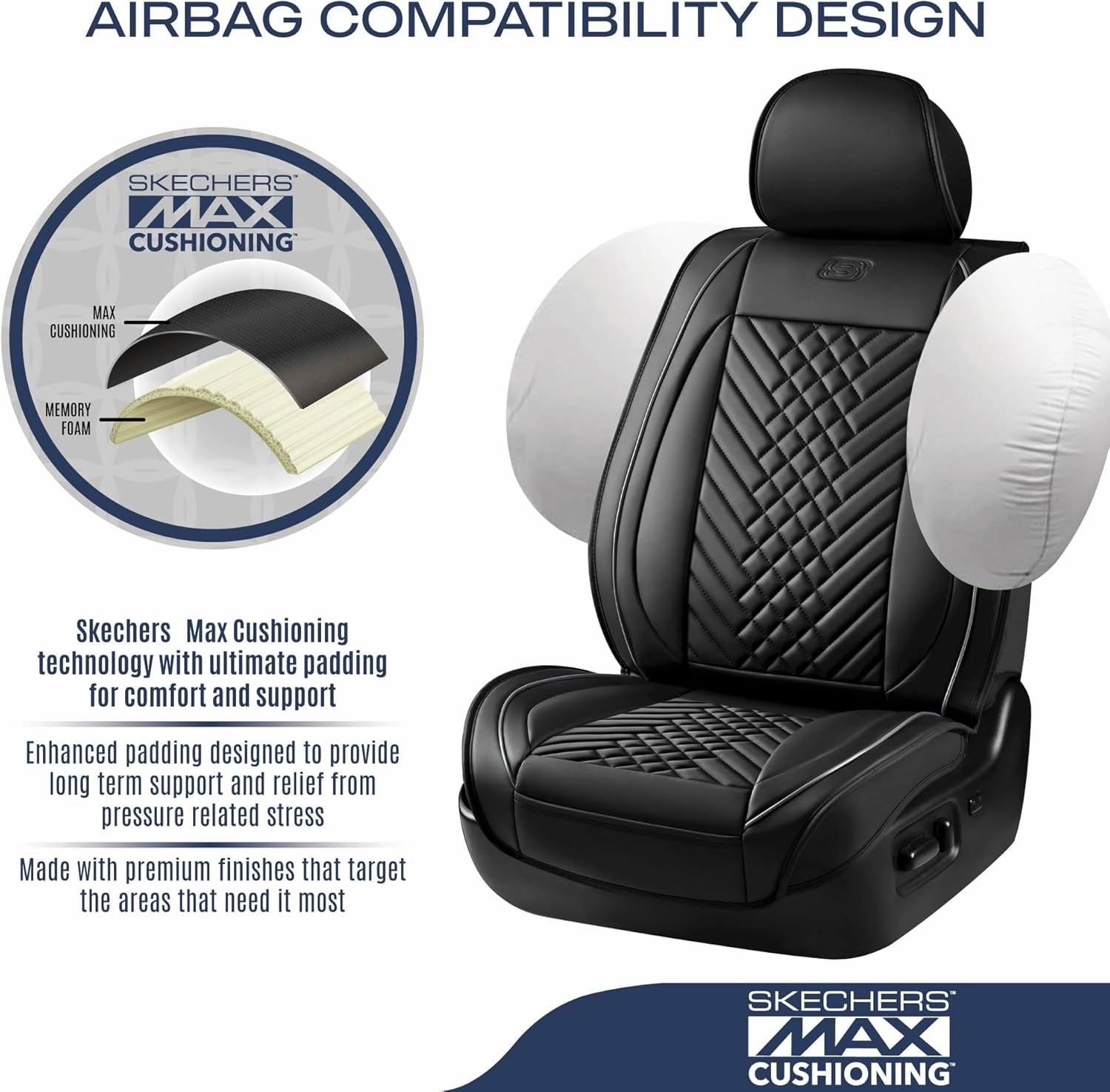 Skechers MAX Cushioning Car Seat Covers,Memory Foam Piping Leather Seat Covers,Waterproof Car Seat Protector Full Set,Car Seat Cushion Airbag Universal Fit for Most Cars,Vans,Trucks,SUV,Grey