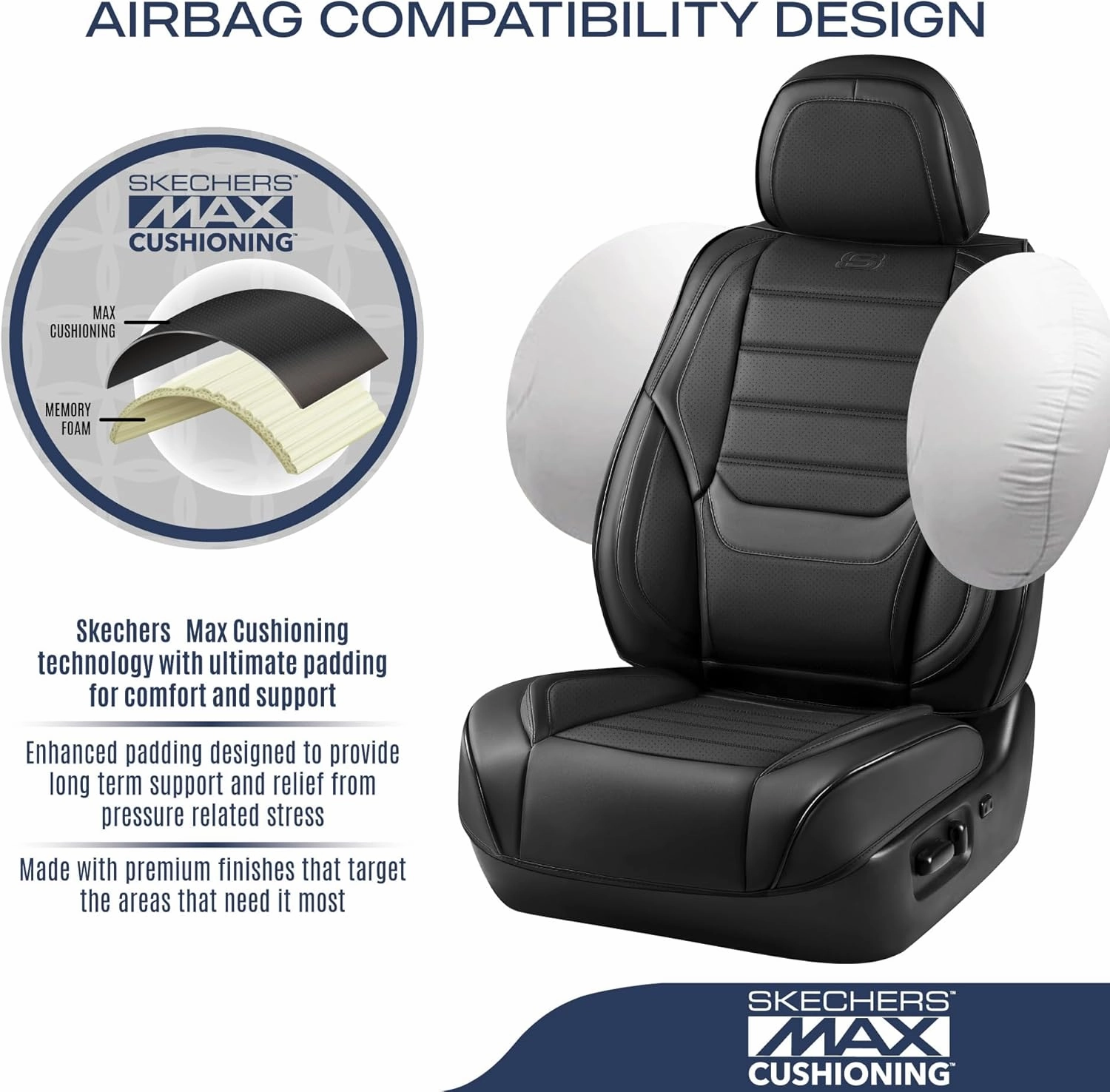 Skechers MAX Cushioning Seat Covers,Memory Foam Leather Car Seat Covers,Waterproof Car Seat Protector Front Seats,Car Seat Cushion Airbag Automotive Universal Fit for Most Cars,Vans,Trucks,SUV,Black
