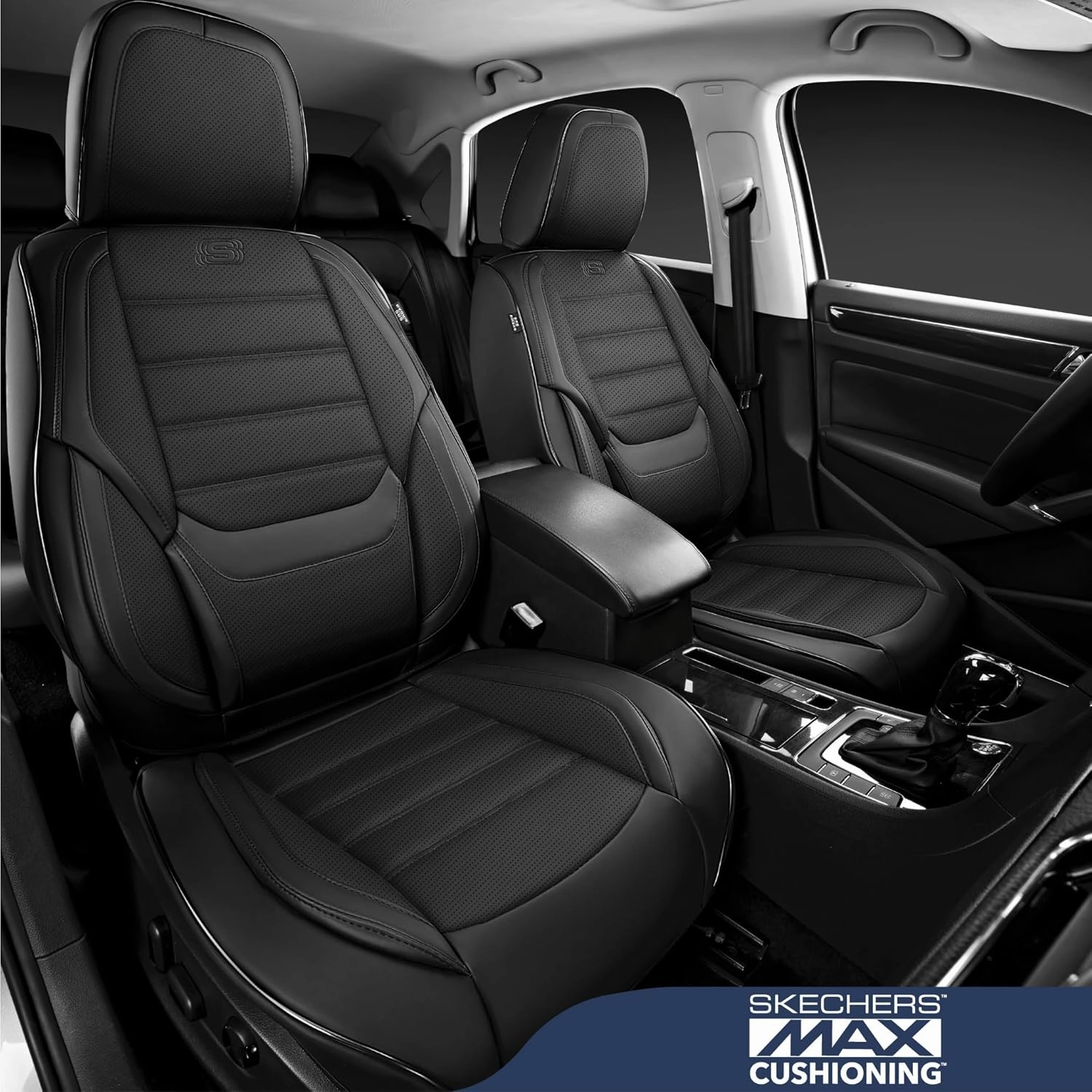 Skechers MAX Cushioning Seat Covers,Memory Foam Leather Car Seat Covers,Waterproof Car Seat Protector Front Seats,Car Seat Cushion Airbag Automotive Universal Fit for Most Cars,Vans,Trucks,SUV,Black