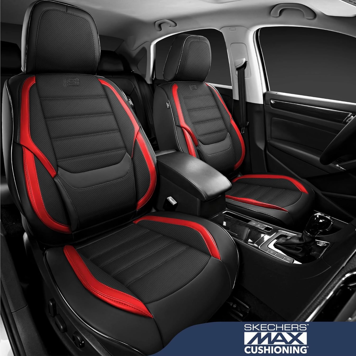 Skechers MAX Cushioning Seat Covers,Memory Foam Leather Car Seat Covers,Waterproof Car Seat Protector Full Sets,Car Seat Cushion Airbag Automotive Universal Fit for Most Cars,Vans,Trucks,SUV,Red