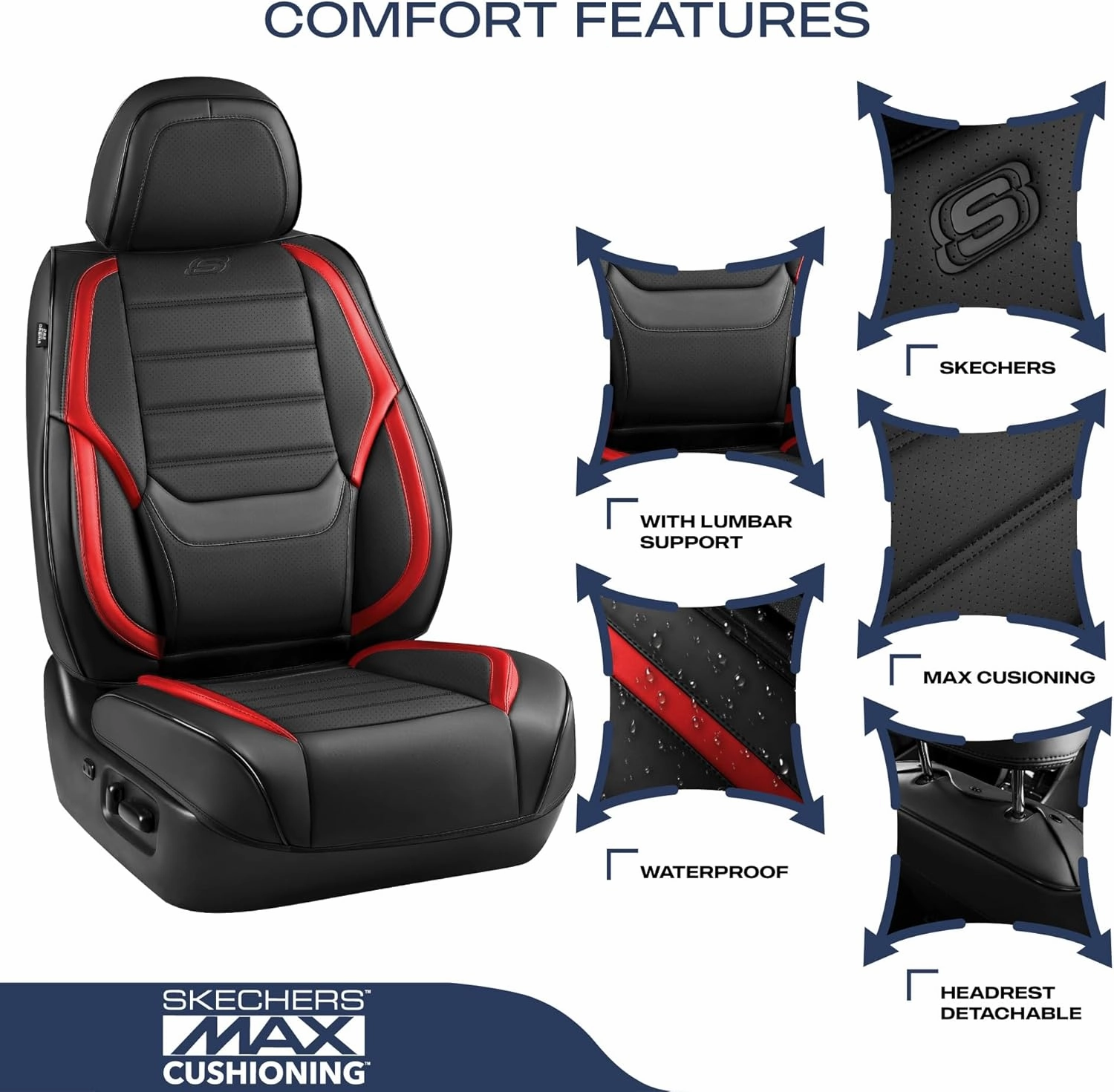 Skechers MAX Cushioning Seat Covers,Memory Foam Leather Car Seat Covers,Waterproof Car Seat Protector Full Sets,Car Seat Cushion Airbag Automotive Universal Fit for Most Cars,Vans,Trucks,SUV,Red