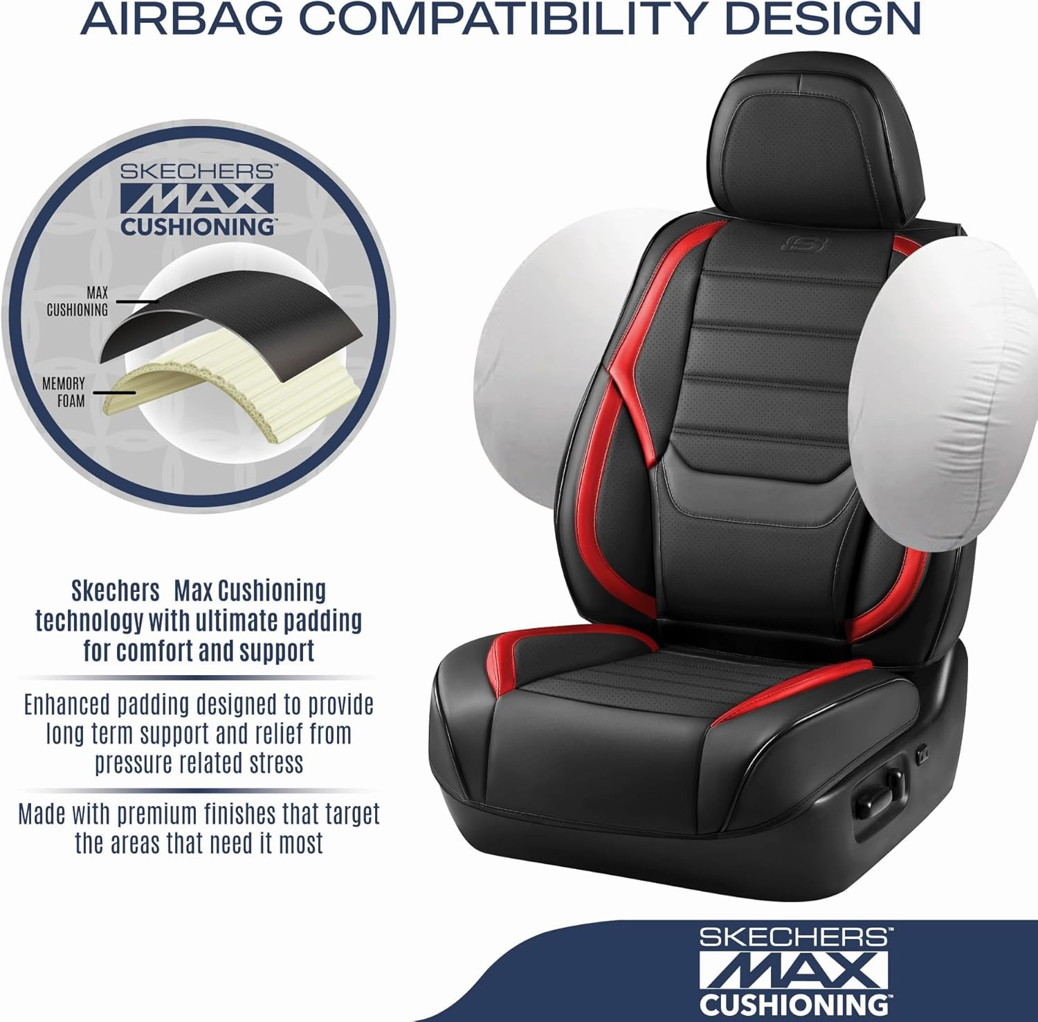 Skechers MAX Cushioning Seat Covers,Memory Foam Leather Car Seat Covers,Waterproof Car Seat Protector Full Sets,Car Seat Cushion Airbag Automotive Universal Fit for Most Cars,Vans,Trucks,SUV,Red