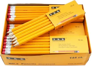 SKKSTATIONERY Pre-sharpened pencils, Pencils Sharpened with eraser top, 2 HB pencil, 144/box.