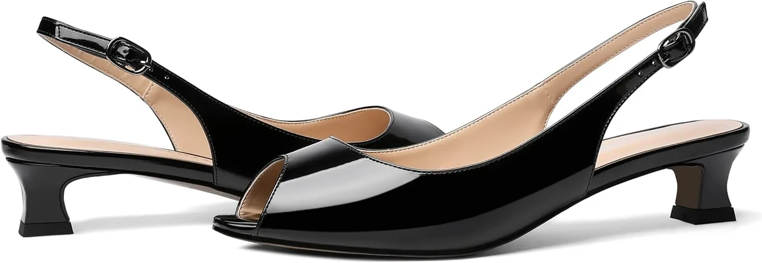 SKYSTERRY Womens Patent Slingback Buckle Peep Toe Wedding Cute Spool Low Heel Pumps Shoes 1.5 Inch