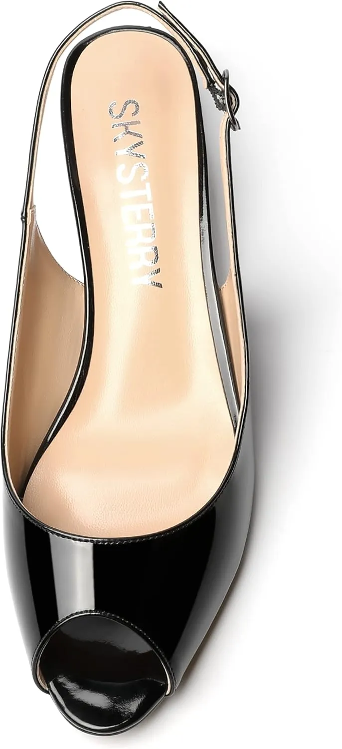 SKYSTERRY Womens Patent Slingback Buckle Peep Toe Wedding Cute Spool Low Heel Pumps Shoes 1.5 Inch