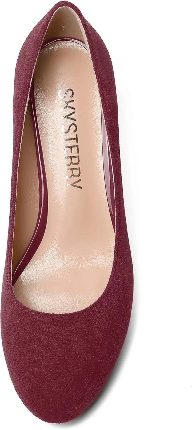 SKYSTERRY Womens Suede Slip On Round Toe Cute Evening Spool Mid Heel Pumps Shoes 2.5 Inch