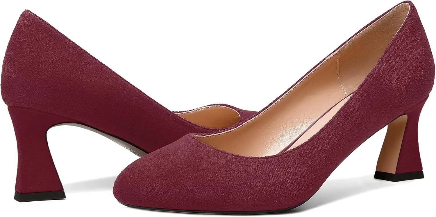 SKYSTERRY Womens Suede Slip On Round Toe Cute Evening Spool Mid Heel Pumps Shoes 2.5 Inch