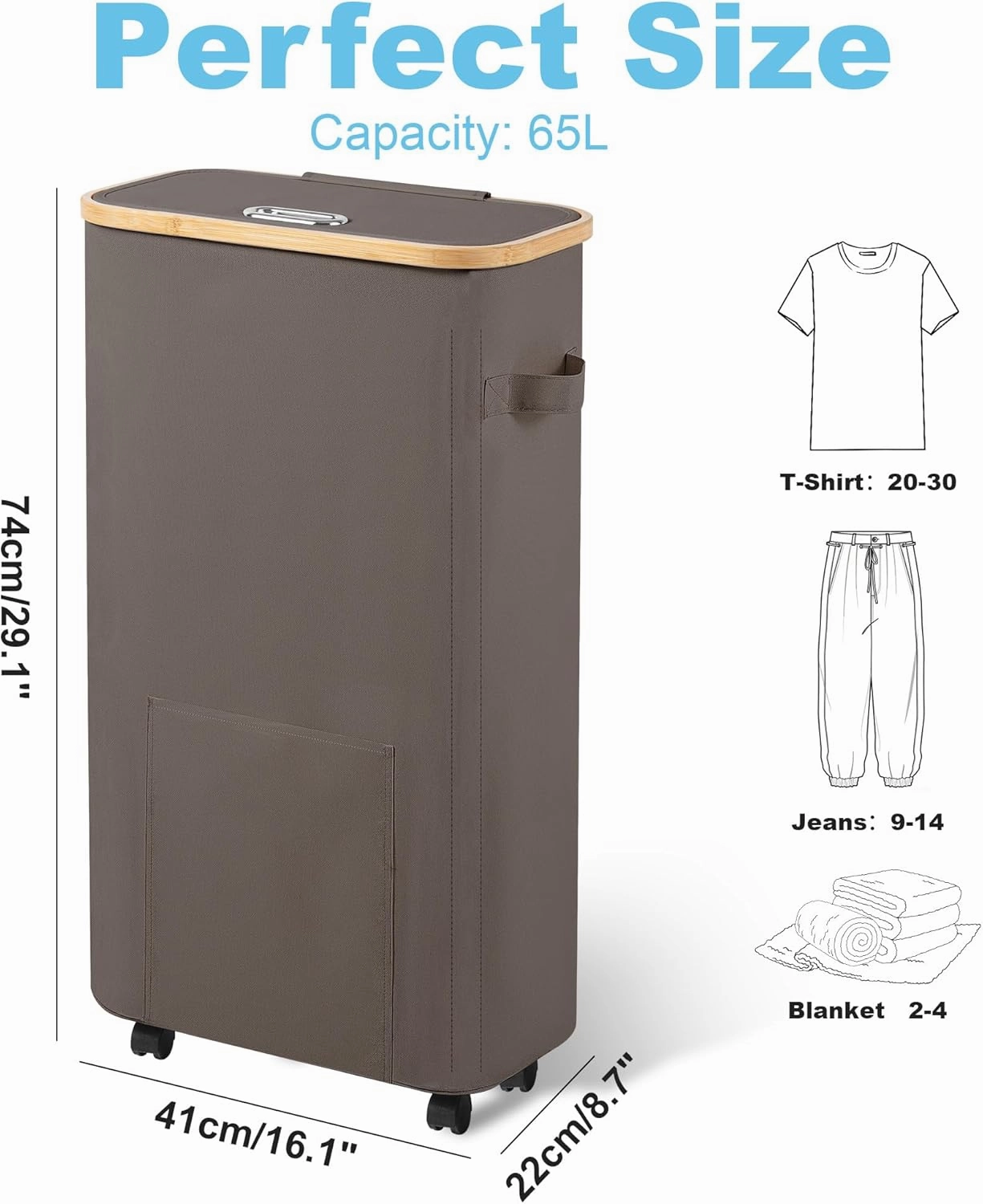 Slim Laundry Basket with Wheels, Tall Dirty Clothes Hamper on Wheels, Narrow Rolling Laundry Hamper with lid for Dorm, Bedroom and Bathroom, 65L Grey