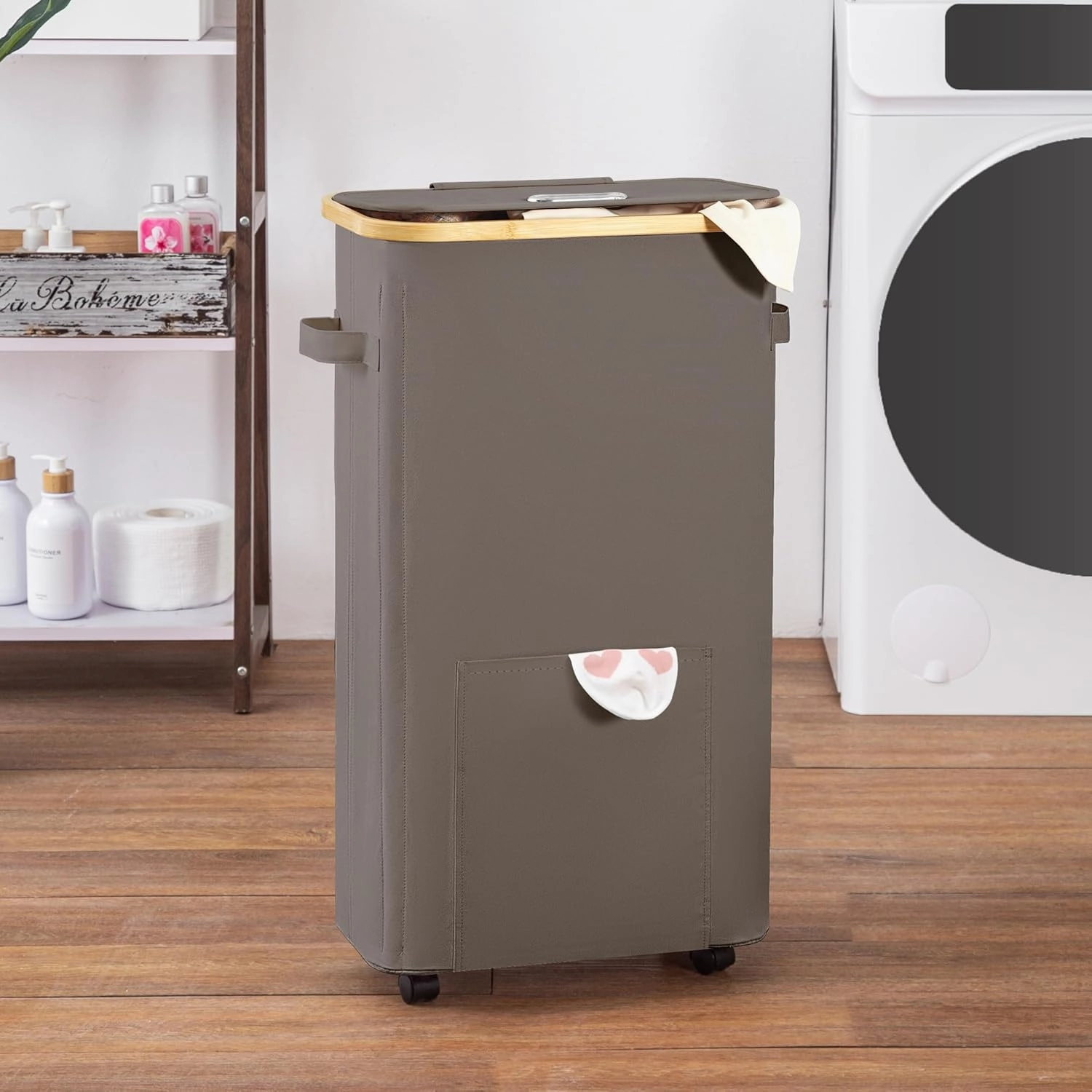 Slim Laundry Basket with Wheels, Tall Dirty Clothes Hamper on Wheels, Narrow Rolling Laundry Hamper with lid for Dorm, Bedroom and Bathroom, 65L Grey