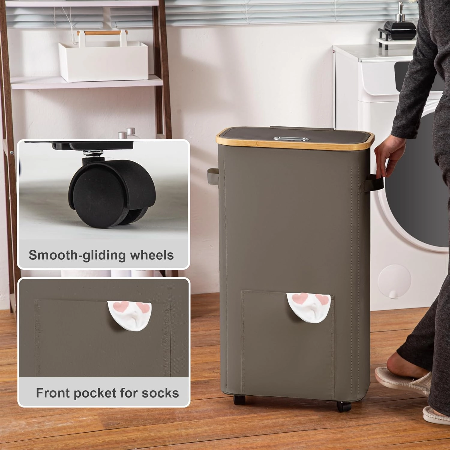 Slim Laundry Basket with Wheels, Tall Dirty Clothes Hamper on Wheels, Narrow Rolling Laundry Hamper with lid for Dorm, Bedroom and Bathroom, 65L Grey