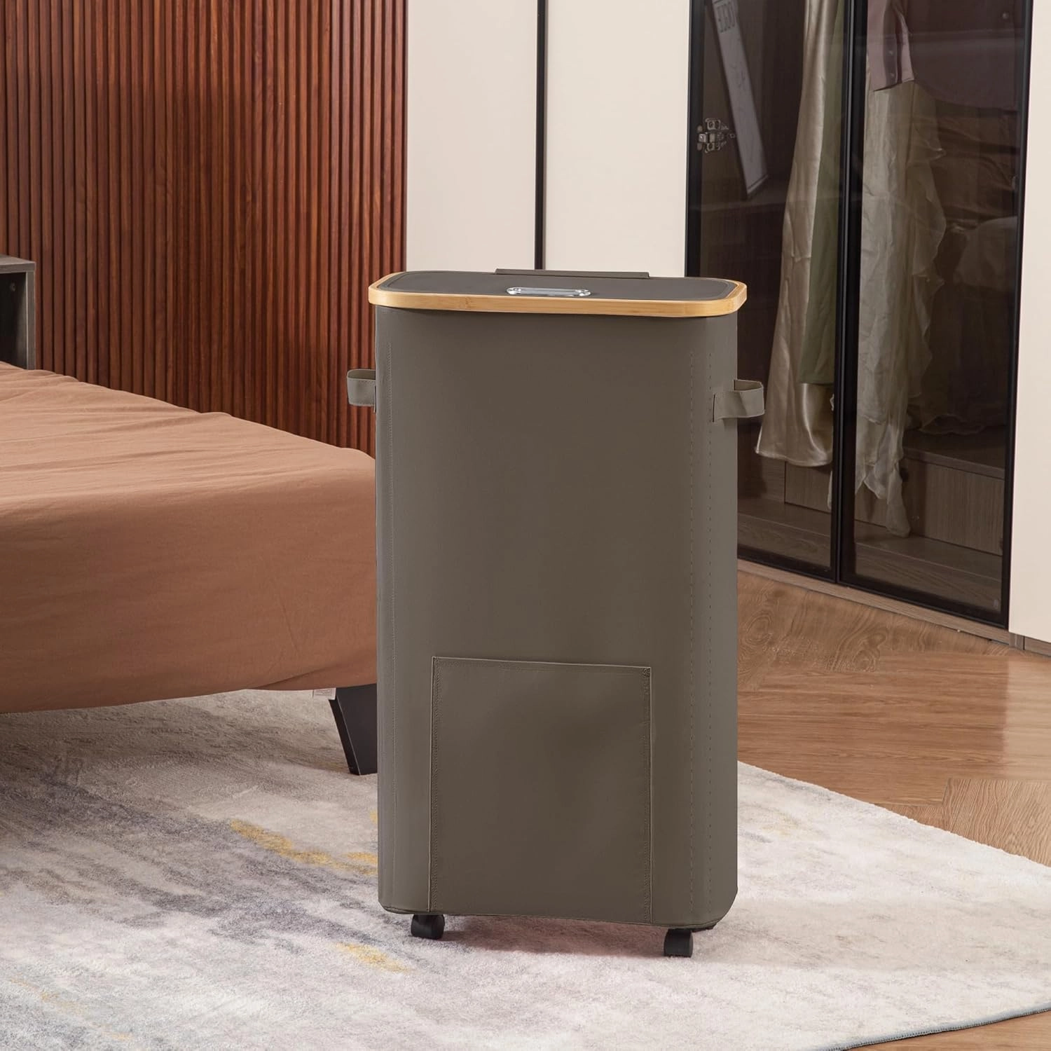 Slim Laundry Basket with Wheels, Tall Dirty Clothes Hamper on Wheels, Narrow Rolling Laundry Hamper with lid for Dorm, Bedroom and Bathroom, 65L Grey
