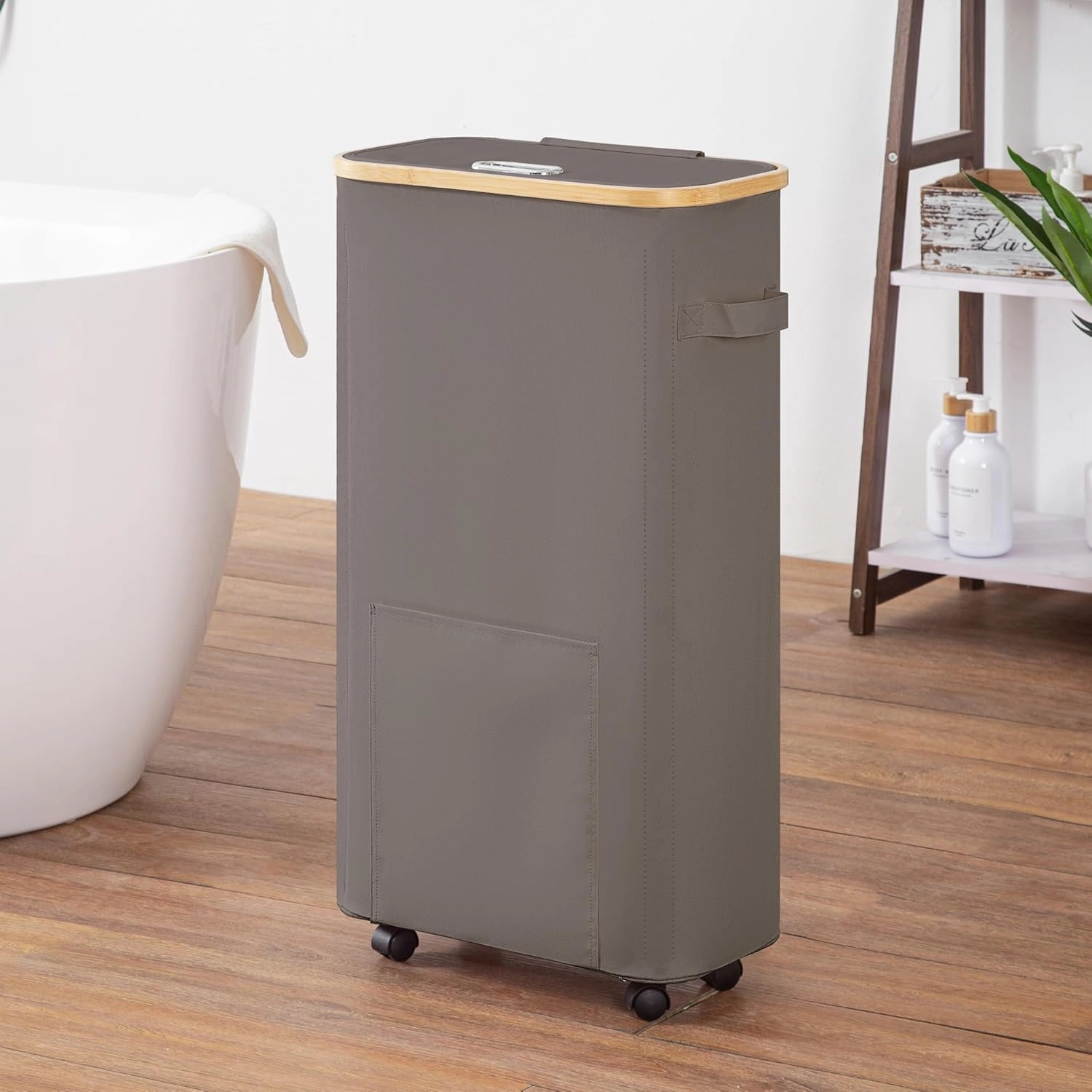 Slim Laundry Basket with Wheels, Tall Dirty Clothes Hamper on Wheels, Narrow Rolling Laundry Hamper with lid for Dorm, Bedroom and Bathroom, 65L Grey