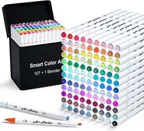 Smart Color Art 108 Pack Art Markers, 107 Alcohol Based Markers and 1 Blender, Dual Tip Coloring Permanent Markers Highlighters with Case, Excellent for Adults Kids Marking Drawing Sketching