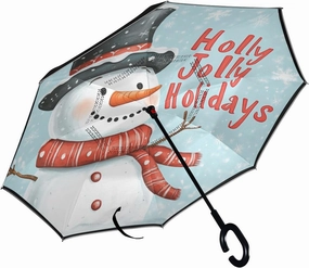 Snowman Christmas Inverted Reverse Umbrellas for Rain Double Layer Upside Down Stick Golf Umbrella Windproof with C Shape Handle for Men Women Car Adults