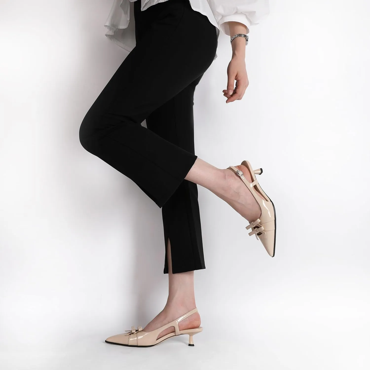 Soireelady Womens Slingback Kitten Heels Low Heel Pumps Pointed Toe Bow Heels Comfort Fashion Dress Shoes Patent Leather 2 Inches