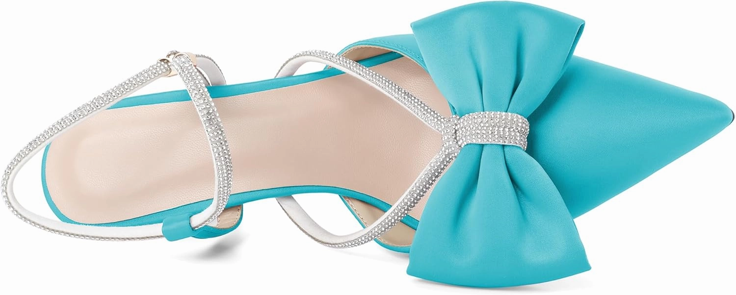 Soireelady Womens Rhinestone Bow Heels Low Kitten Heel Pumps Sparkly Slingback Ankle Strap Closed Pointed Toe Wedding Bridal Dress Shoes Satin 2.5 Inches