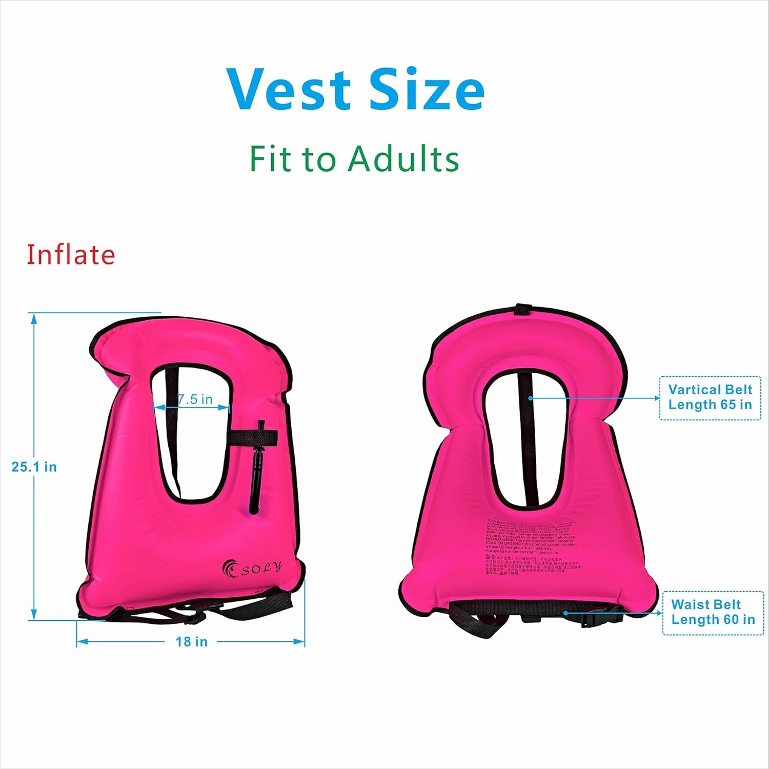 SOLY Inflatable Snorkel Vest Adult, Snorkeling Vest Adjustable Light Snorkeling Jackets for Diving LowImpact Water Sports Safety