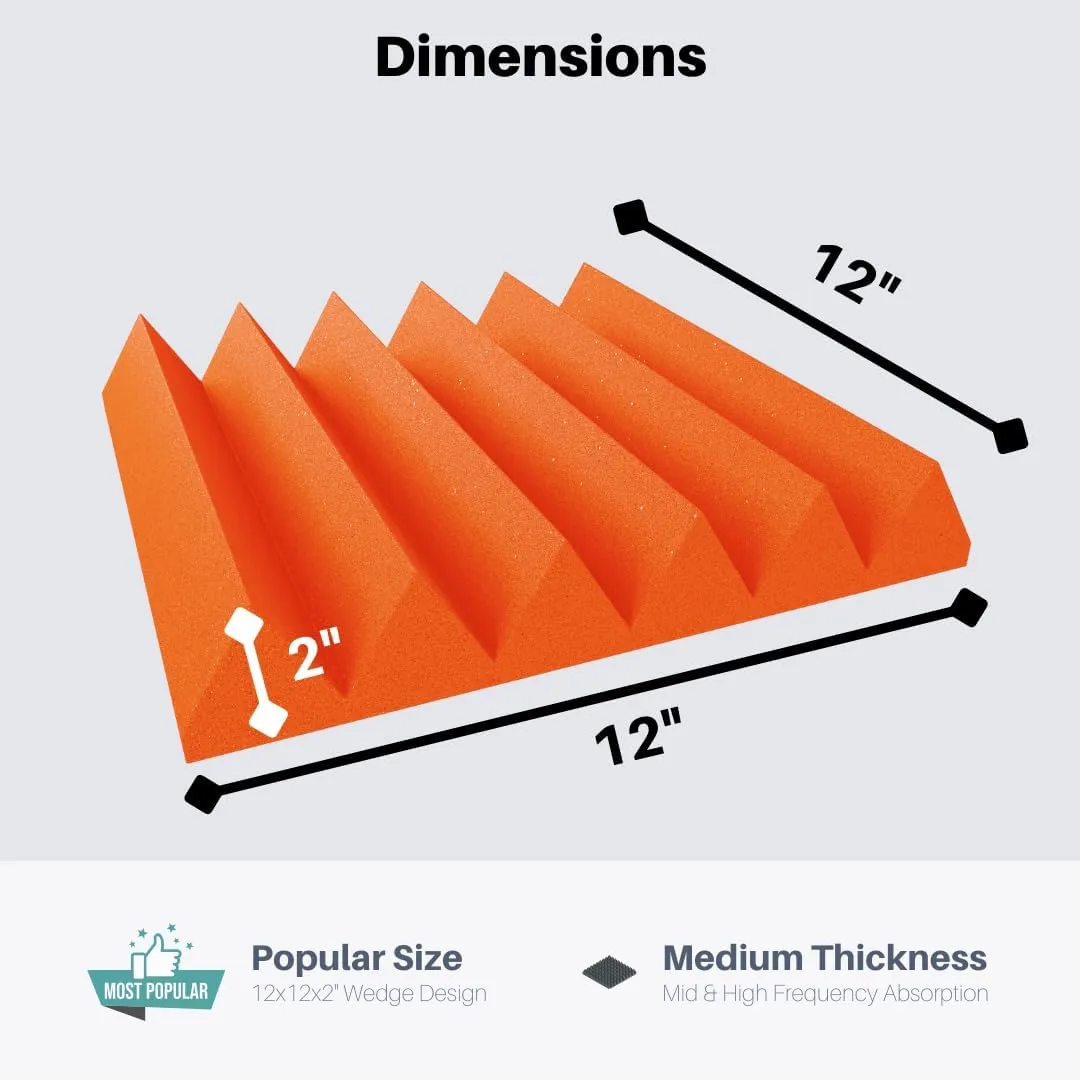 Soundproofing Acoustic Studio Foam - Orange Color - Wedge Style Panels 12”x12”x2” Tiles - 4 Pack