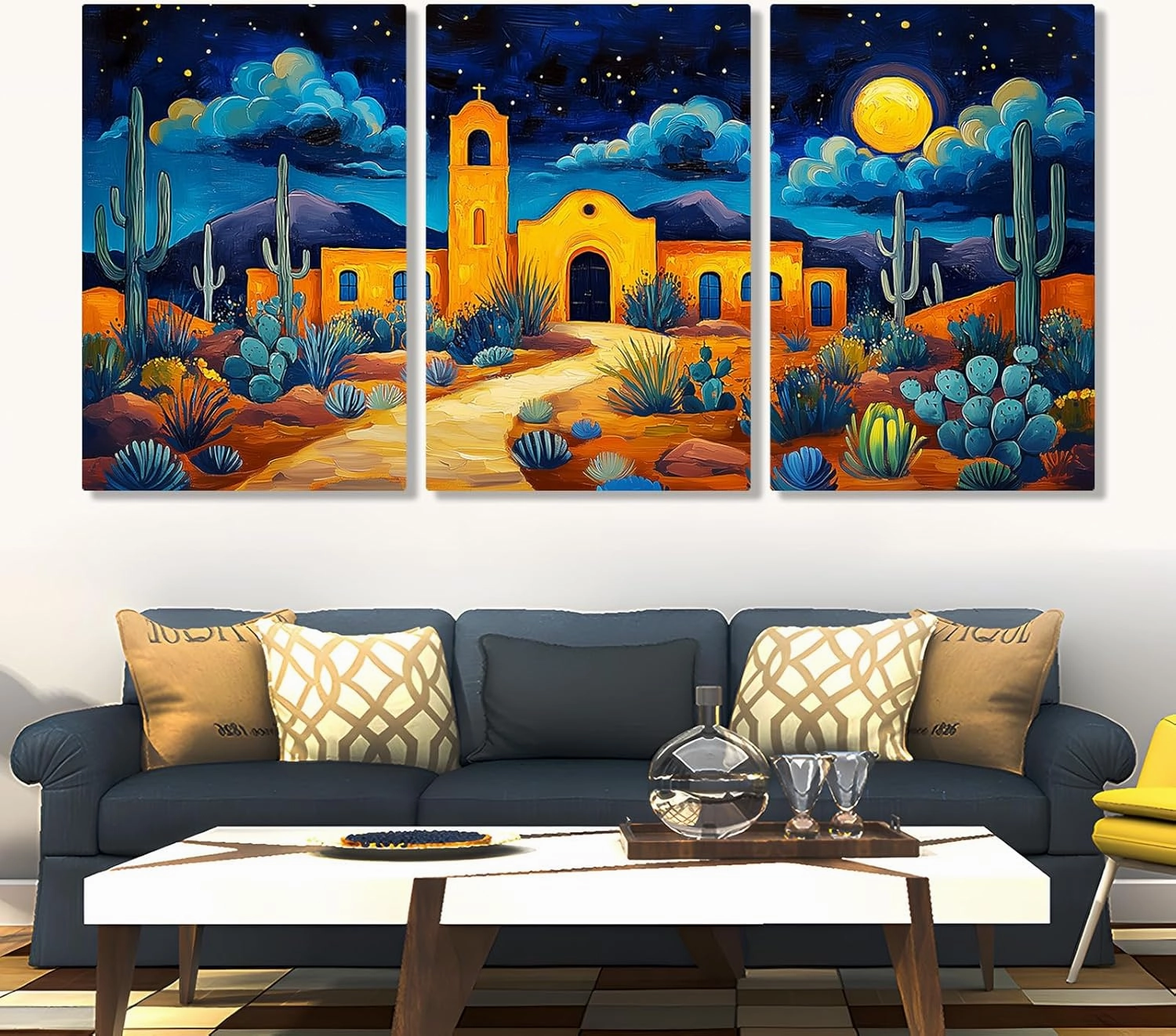 Southwestern Canvas Wall Art – 3 Panel Desert Landscape Print, Vibrant Night Mission Scene with Cactus and Moon – Unframed Western Wall Decor for Living Room or Entryway (12" x 18" x 3 pcs)