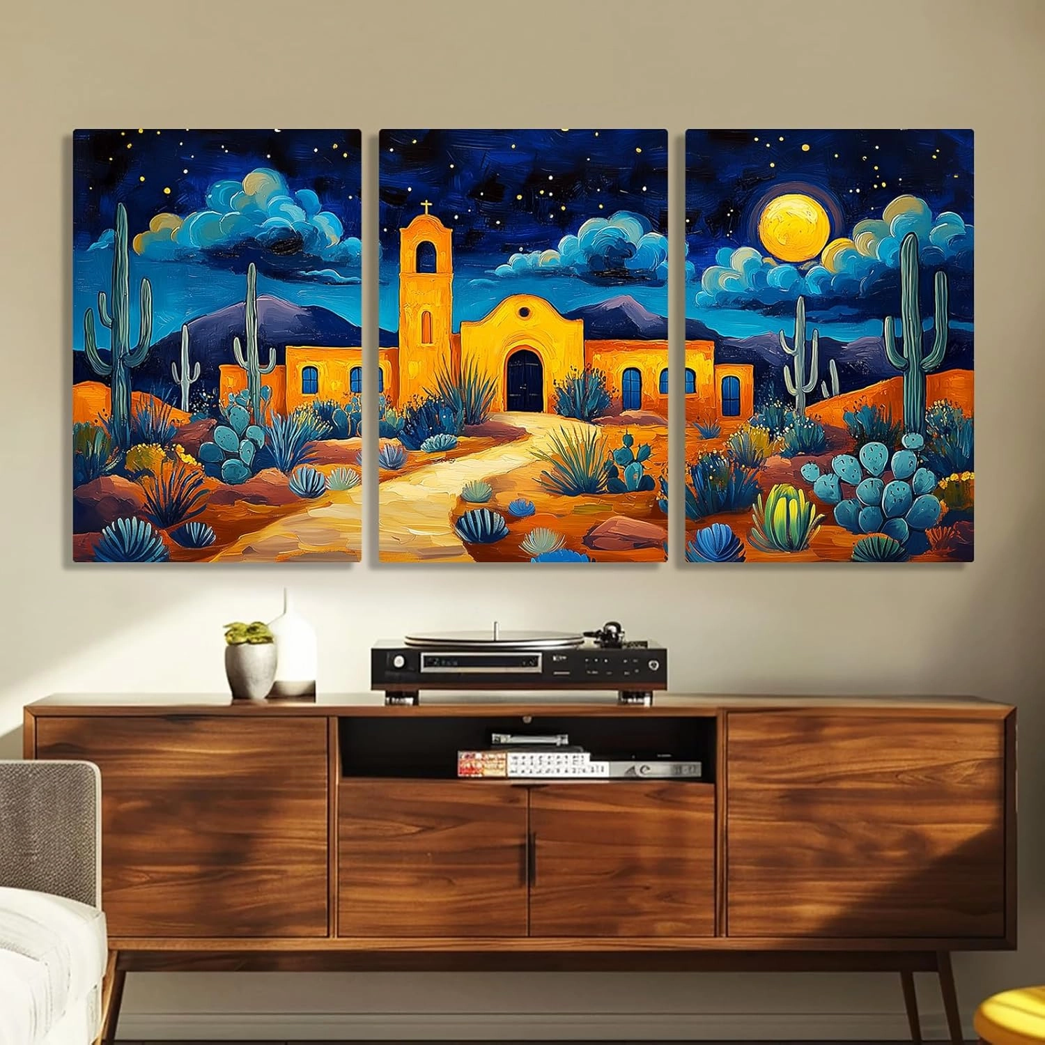 Southwestern Canvas Wall Art – 3 Panel Desert Landscape Print, Vibrant Night Mission Scene with Cactus and Moon – Unframed Western Wall Decor for Living Room or Entryway (12" x 18" x 3 pcs)
