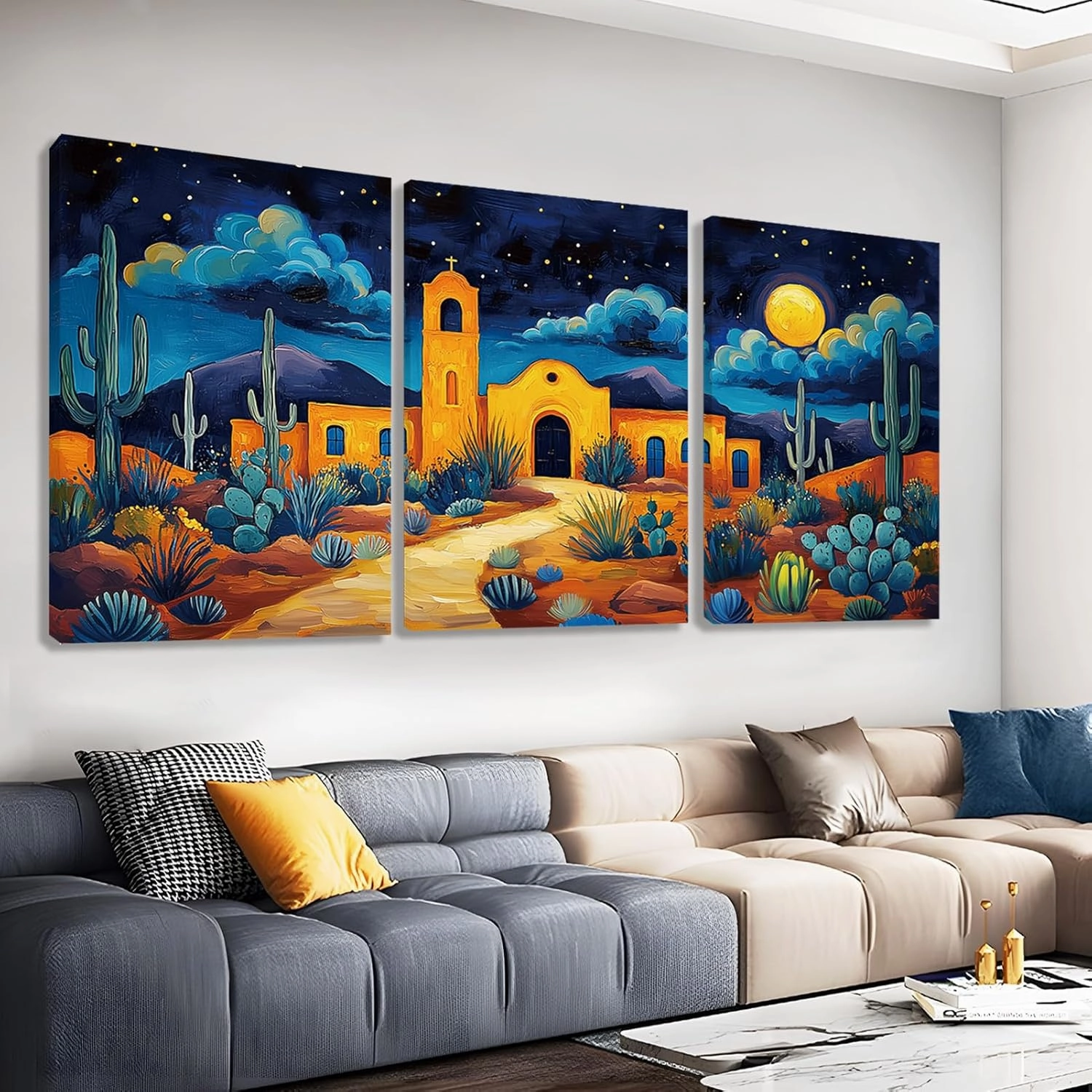 Southwestern Canvas Wall Art – 3 Panel Desert Landscape Print, Vibrant Night Mission Scene with Cactus and Moon – Unframed Western Wall Decor for Living Room or Entryway (12" x 18" x 3 pcs)